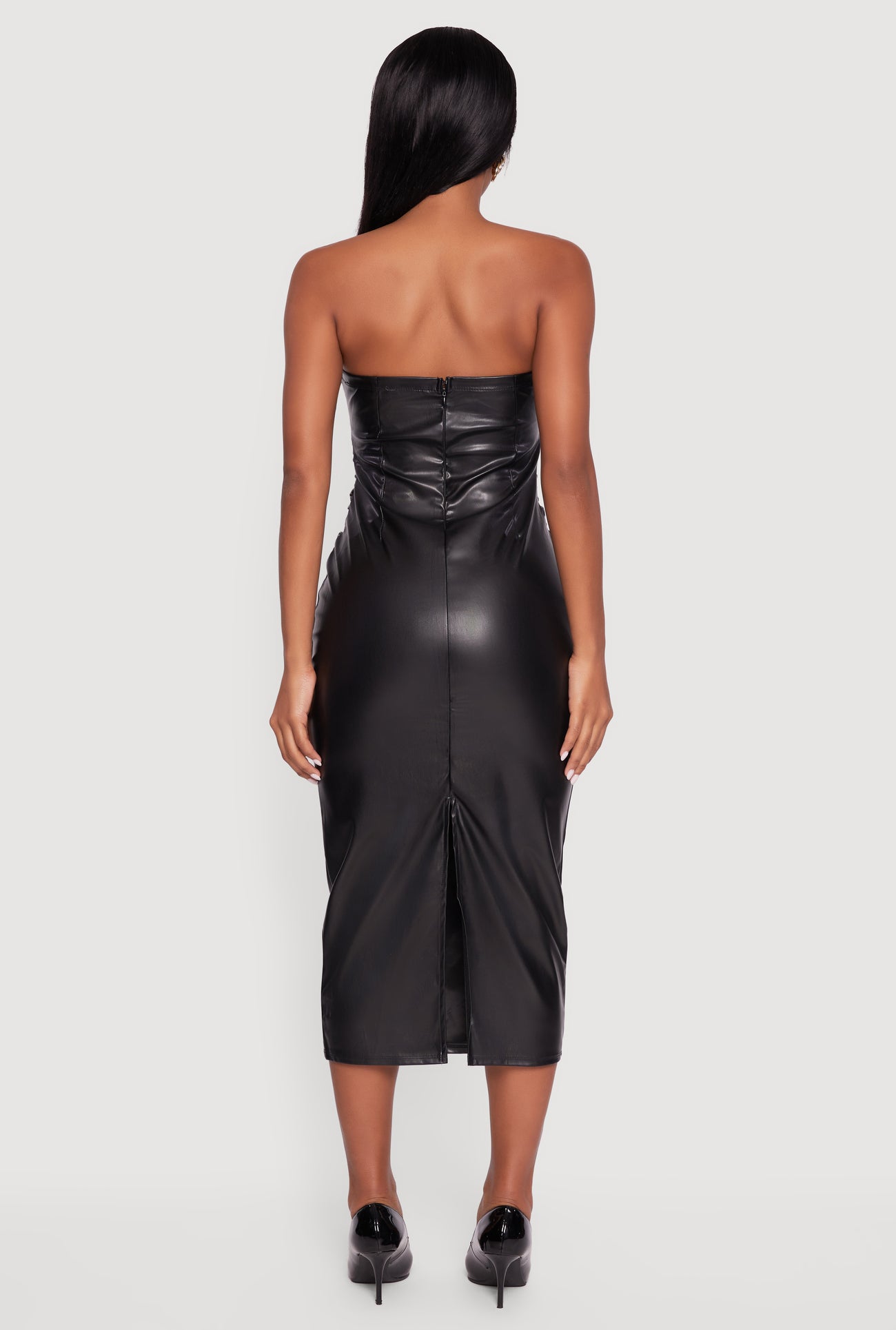 Faux Leather Side Ruched Tube Midi Dress
