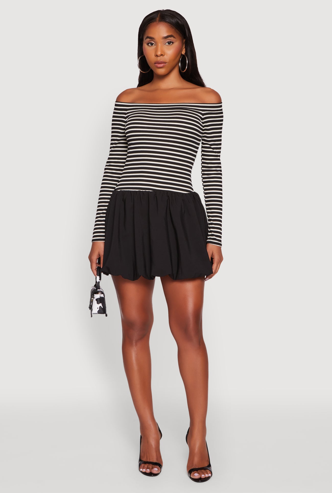 Striped Off The Shoulder Long Sleeve Bubble Hem Dress