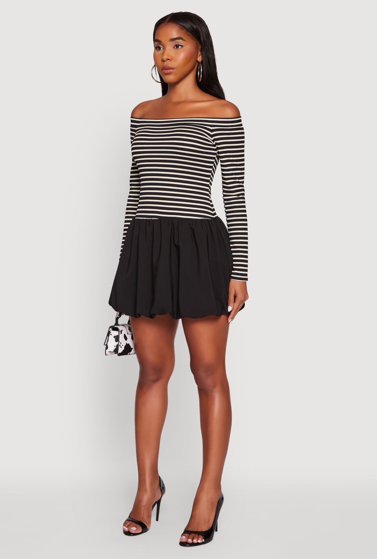 Striped Off The Shoulder Long Sleeve Bubble Hem Dress