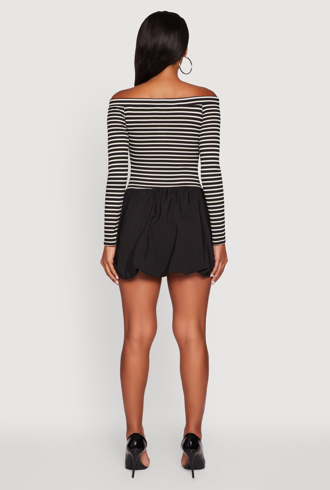 Striped Off The Shoulder Long Sleeve Bubble Hem Dress