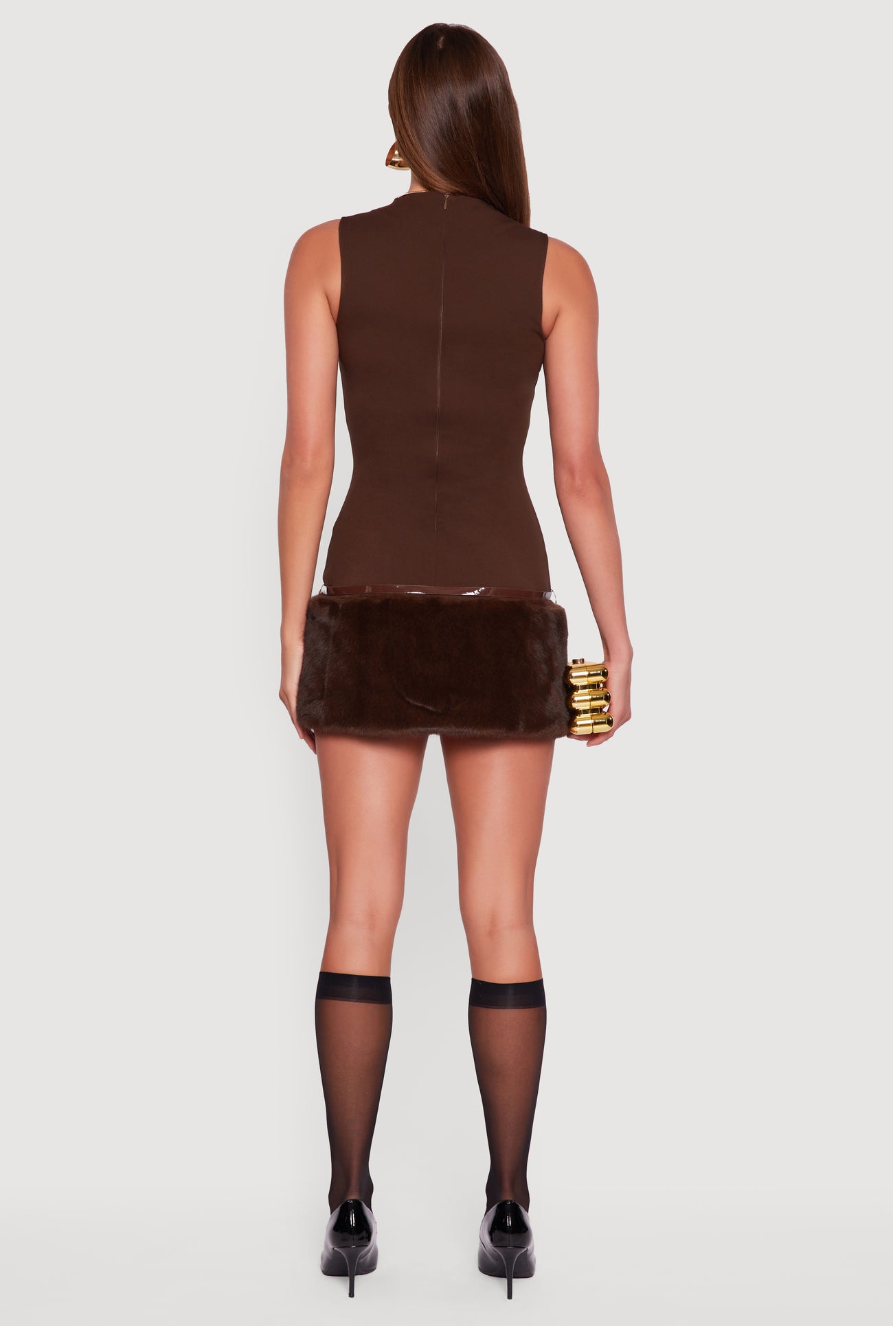 Belted Faux Fur Hem Sleeveless Micro Dress