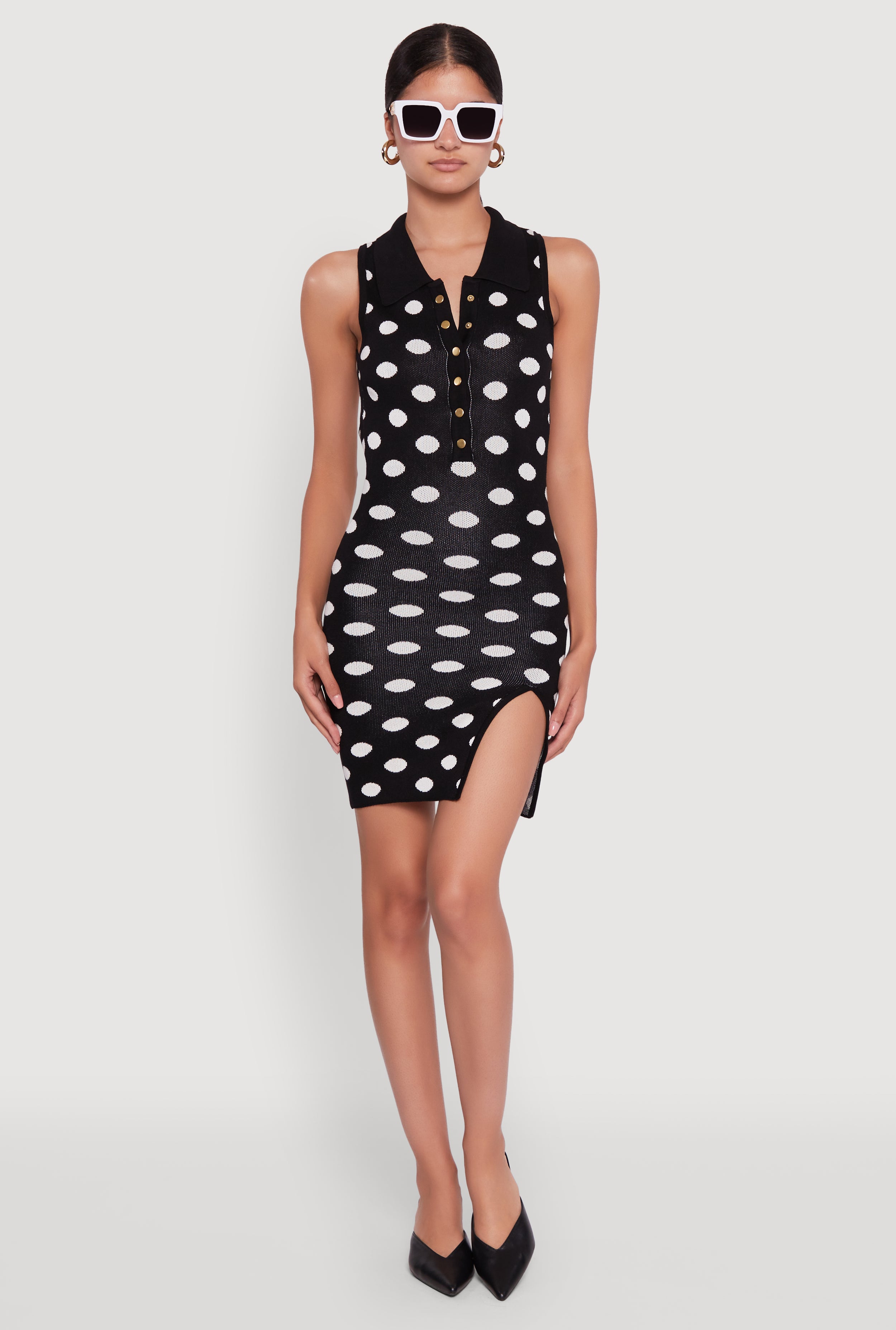 Polka Dot Sleeveless Polo Collar Mini Dress