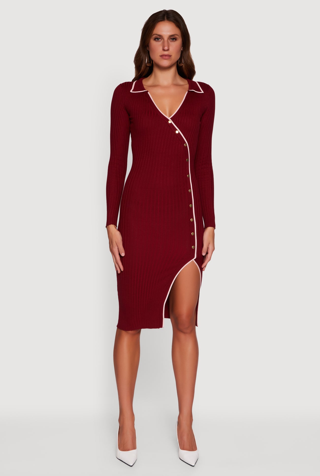 Contrast Trim Ribbed Knit Long Sleeve Sweater Dress