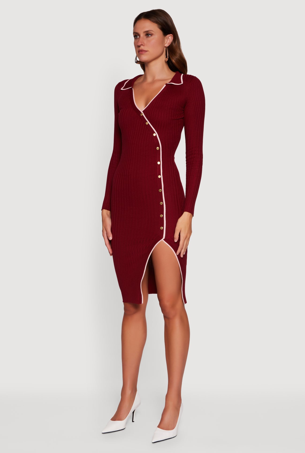 Contrast Trim Ribbed Knit Long Sleeve Sweater Dress
