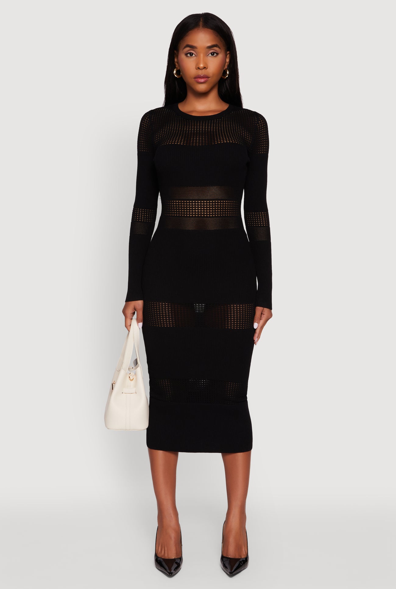 Crochet Detail Long Sleeve Bodycon Sweater Dress
