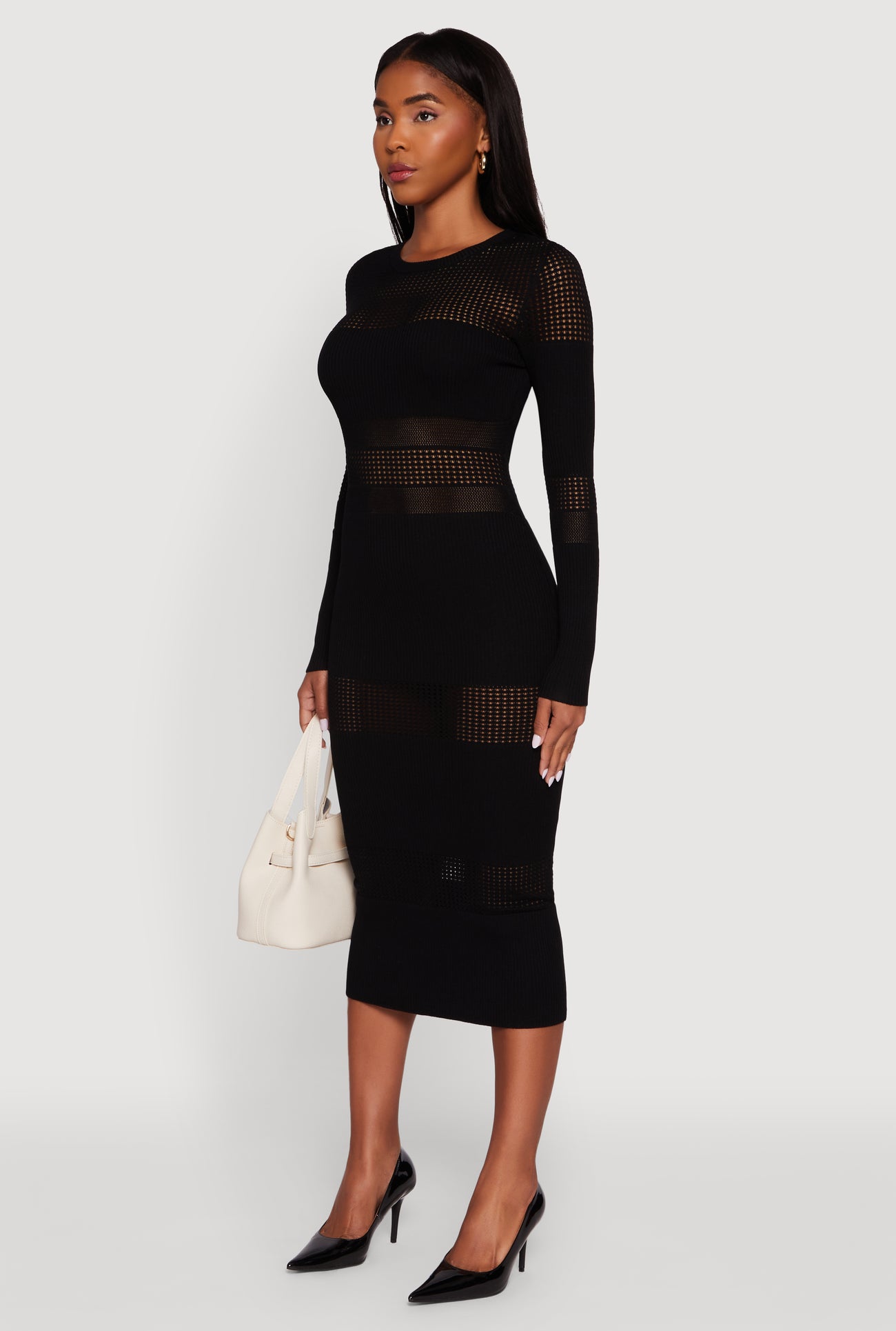 Crochet Detail Long Sleeve Bodycon Sweater Dress