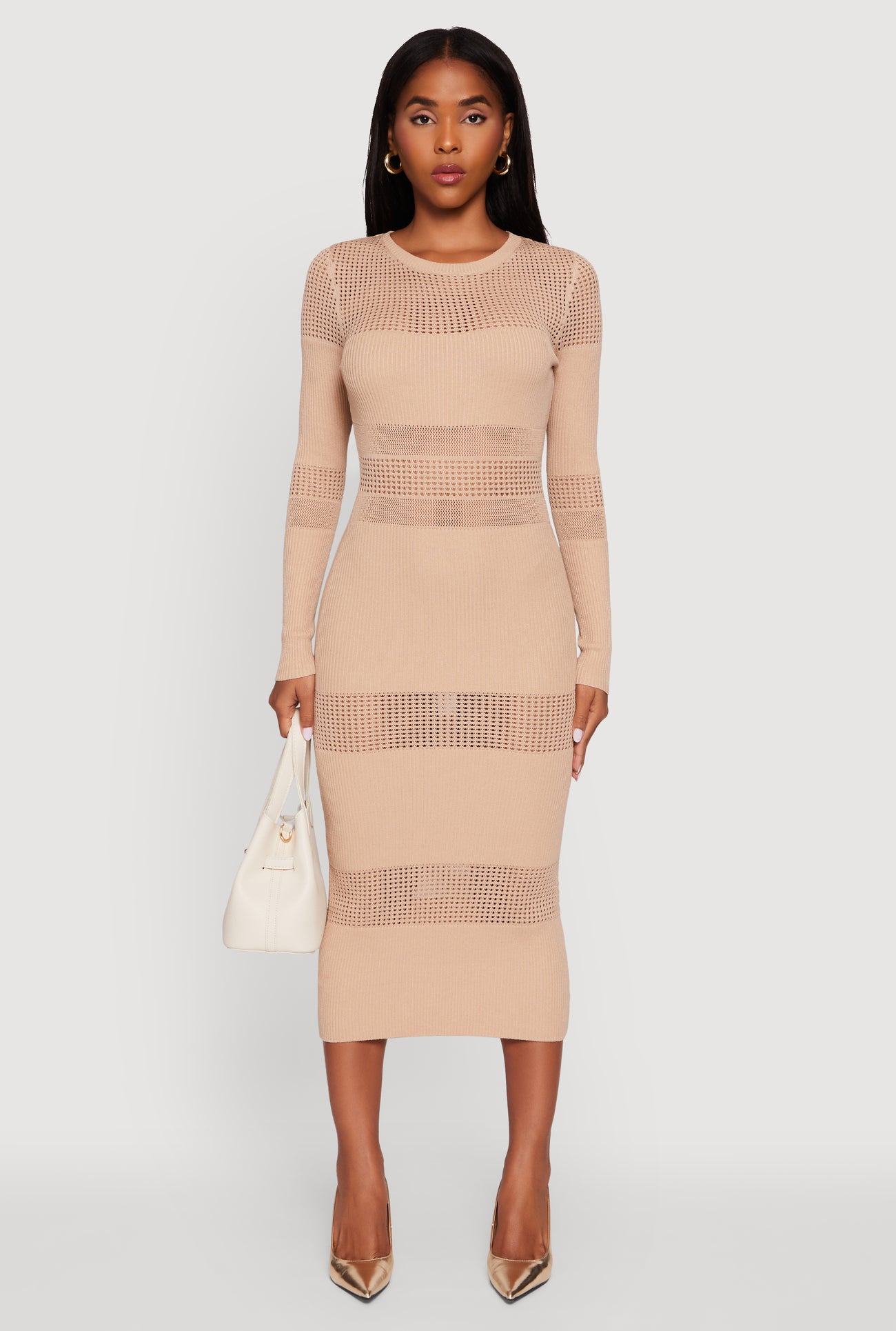 Crochet Detail Long Sleeve Bodycon Sweater Dress