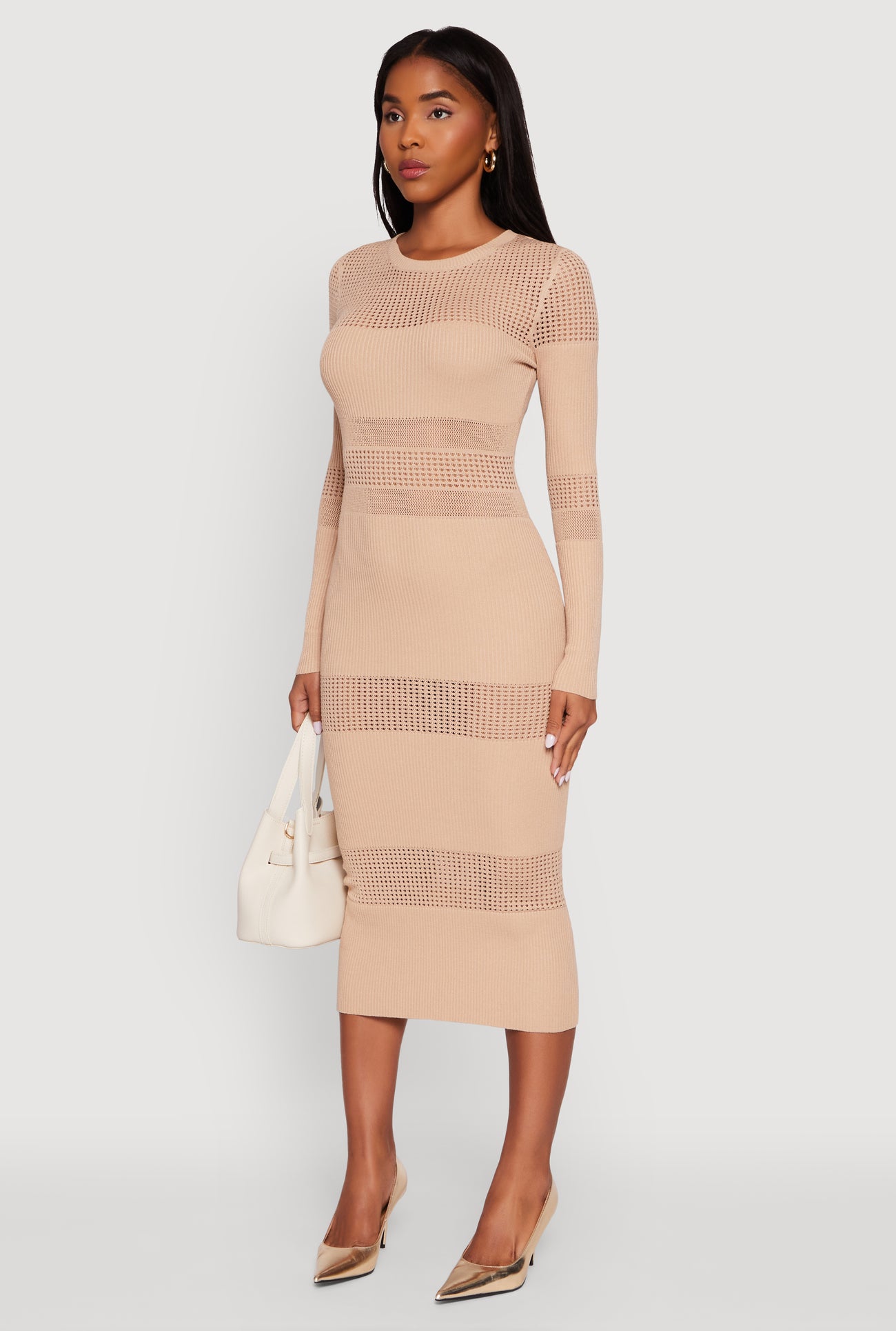 Crochet Detail Long Sleeve Bodycon Sweater Dress