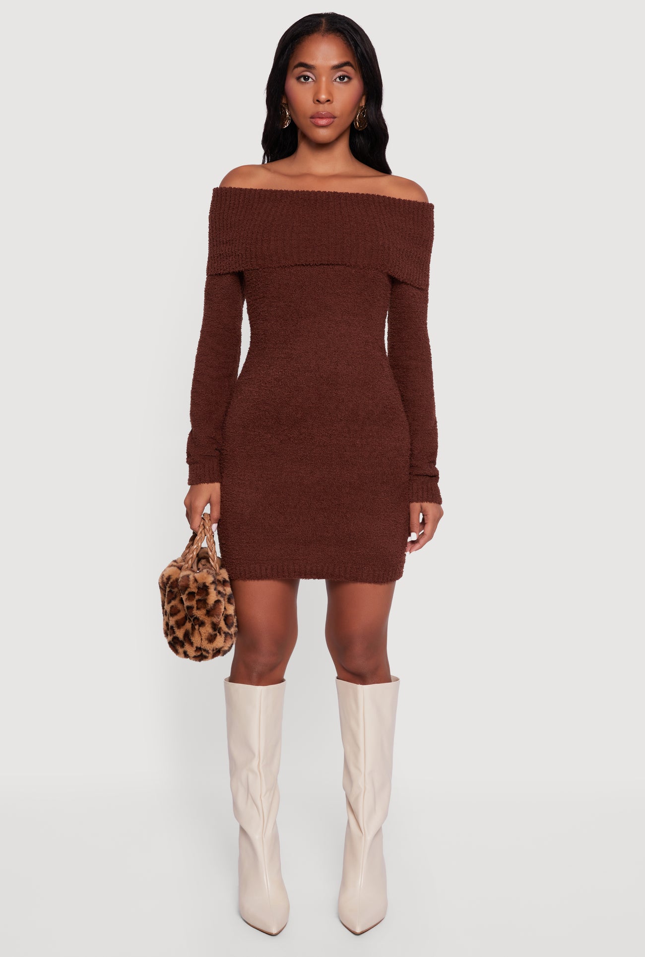 Eyelash Knit Fold Over Off the Shoulder Sweater Dress