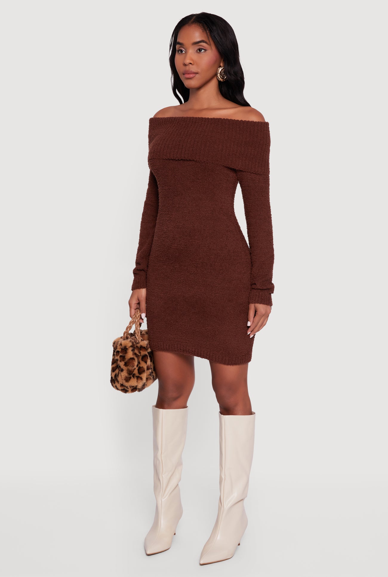 Eyelash Knit Fold Over Off the Shoulder Sweater Dress
