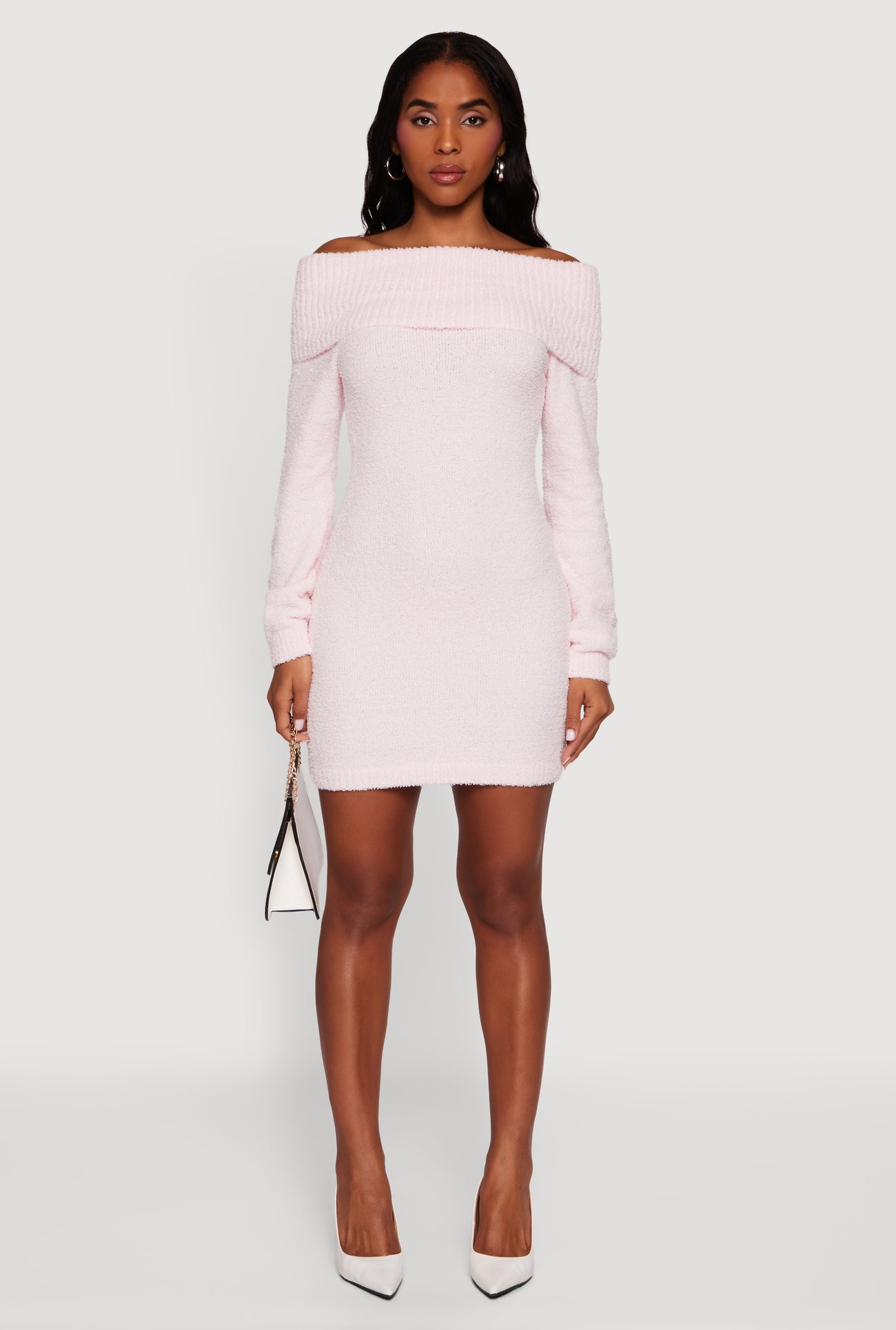 Eyelash Knit Fold Over Off the Shoulder Sweater Dress
