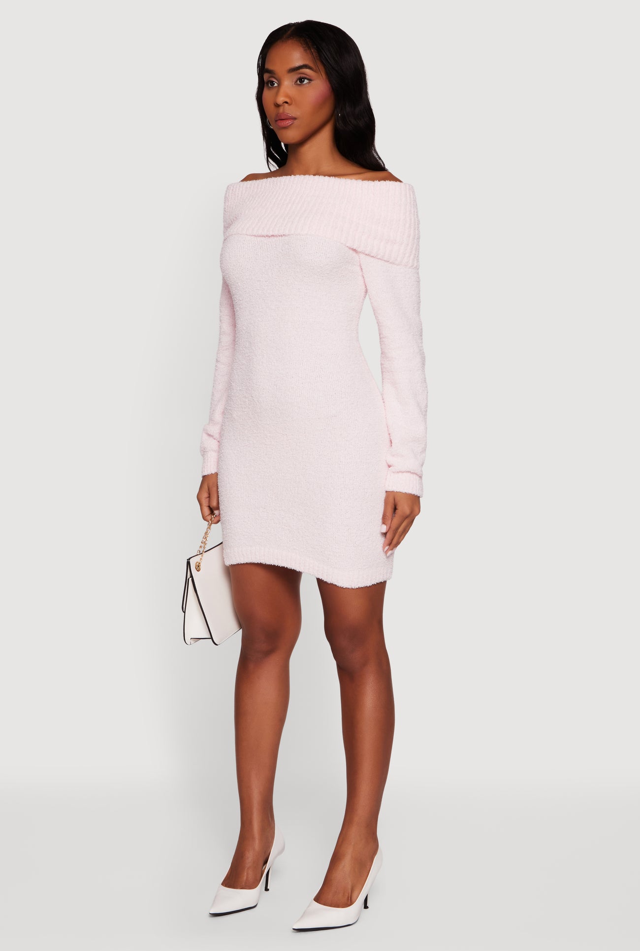 Eyelash Knit Fold Over Off the Shoulder Sweater Dress Eyelash Knit Fold Over Off the Shoulder Sweater Dress