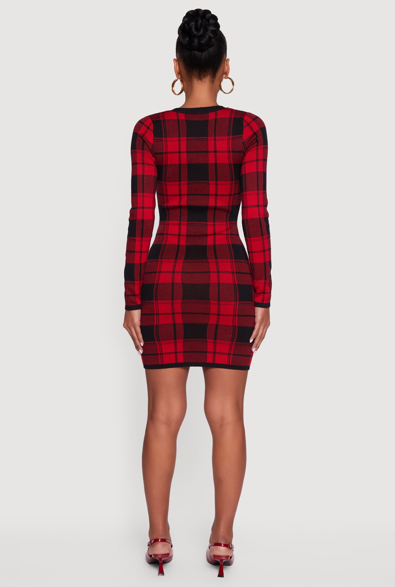 Faux Button Long Sleeve V Neck Plaid Sweater Dress