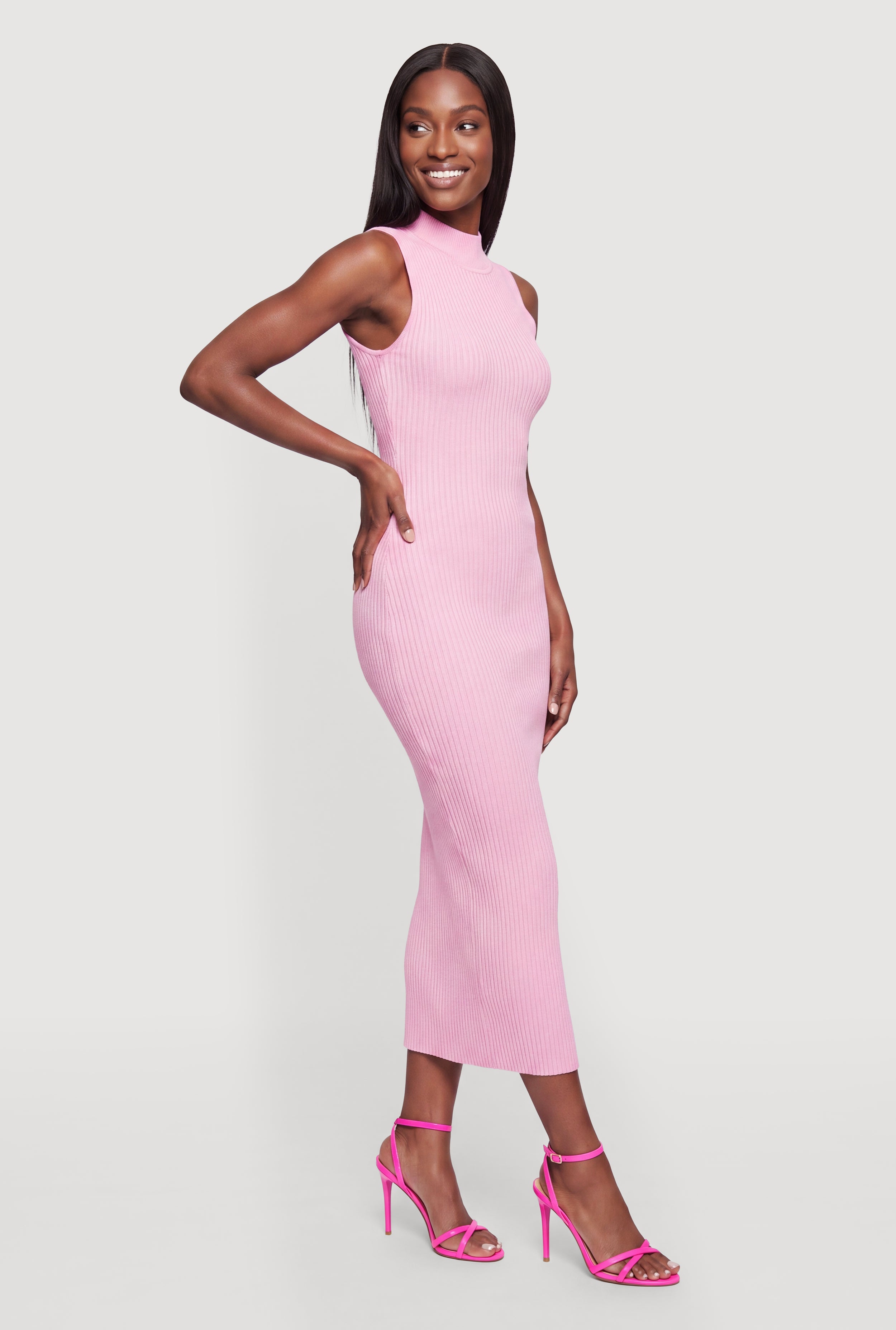 Sleeveless Ribbed Knit Mock Neck Maxi Dress with Side Slit