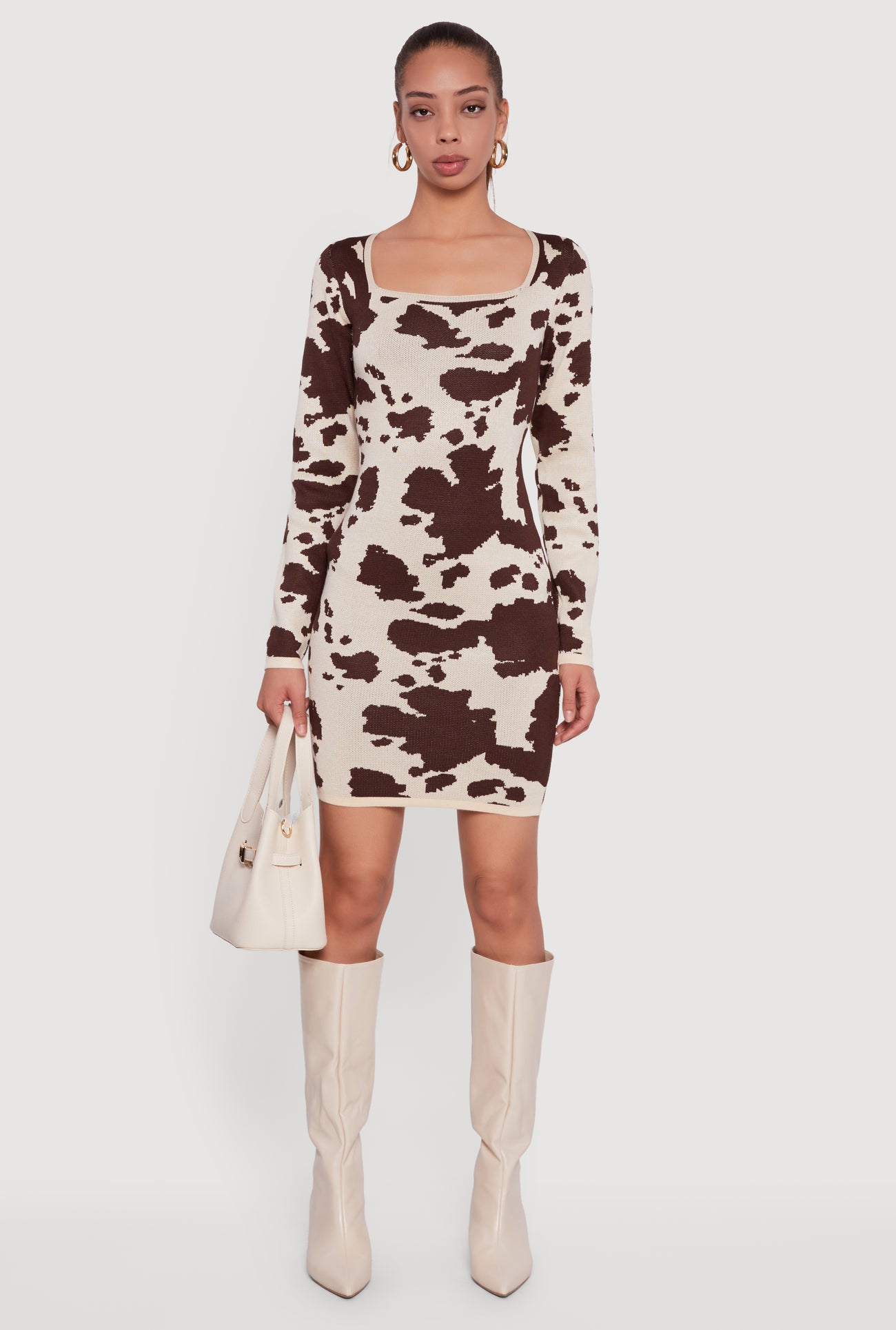 Printed Pattern Long Sleeve Square Neck Sweater Dress