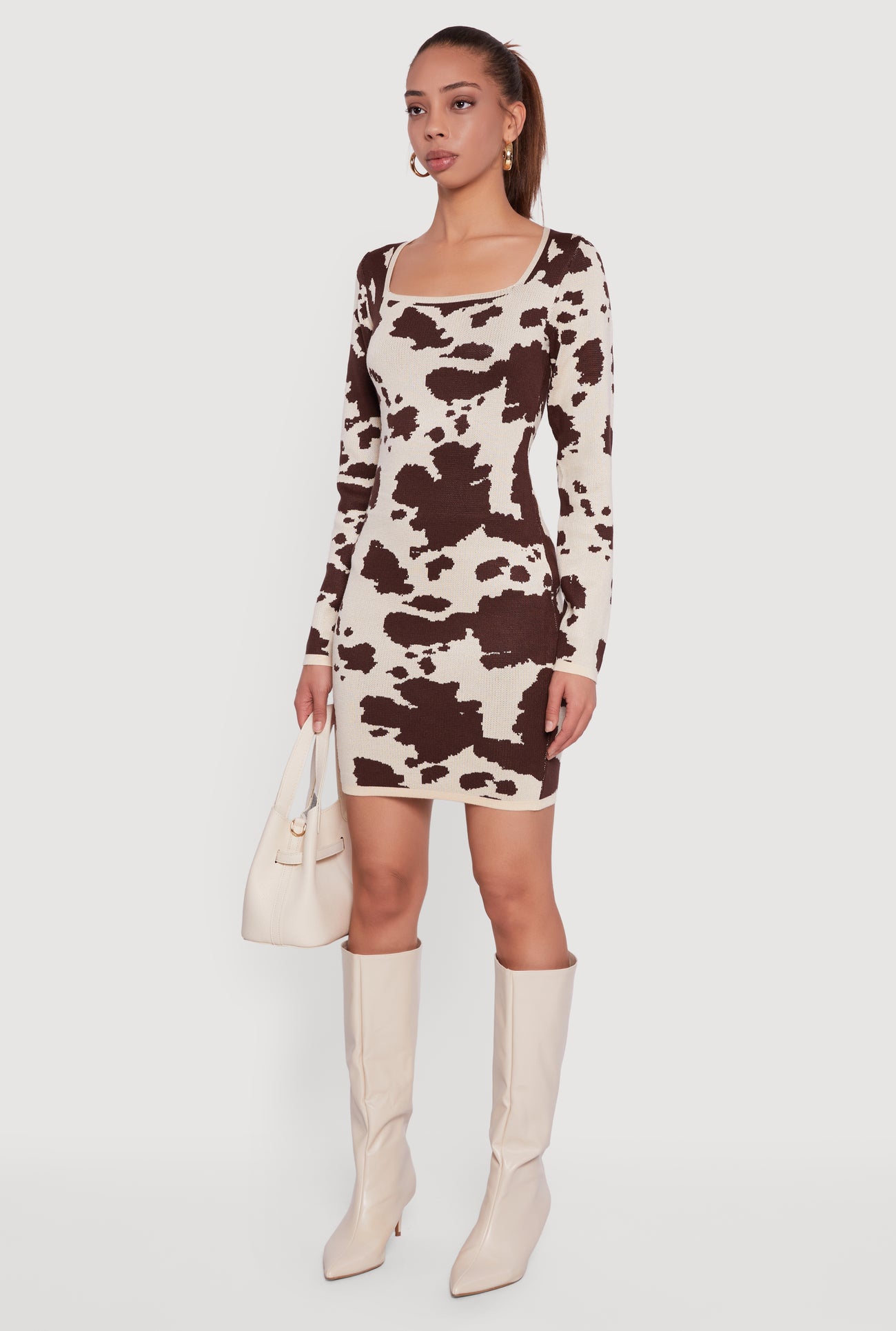 Printed Pattern Long Sleeve Square Neck Sweater Dress
