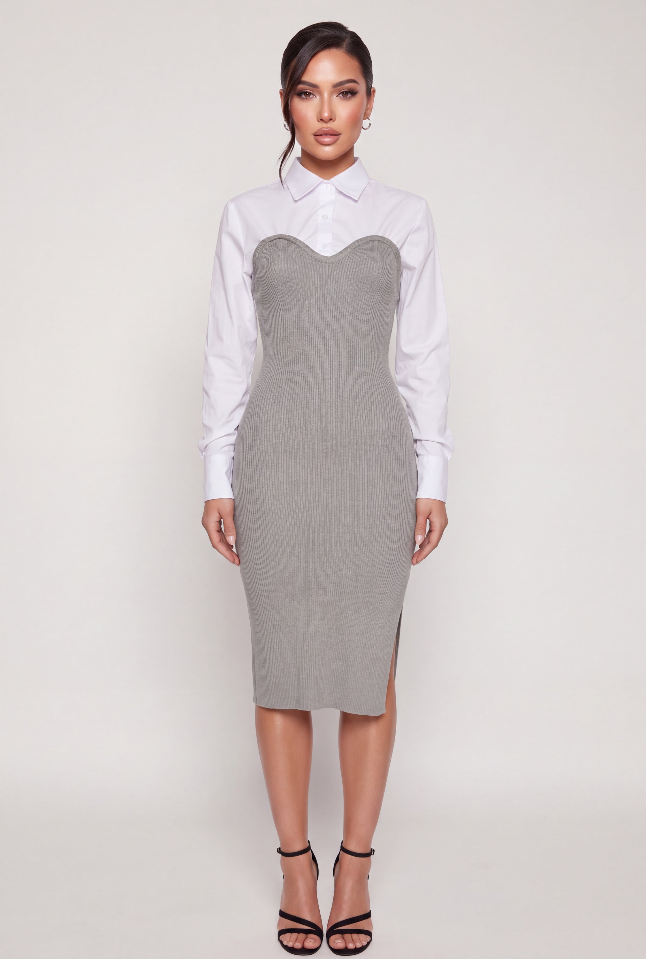 Rib Knit Layered Look Side Slit Sweater Dress