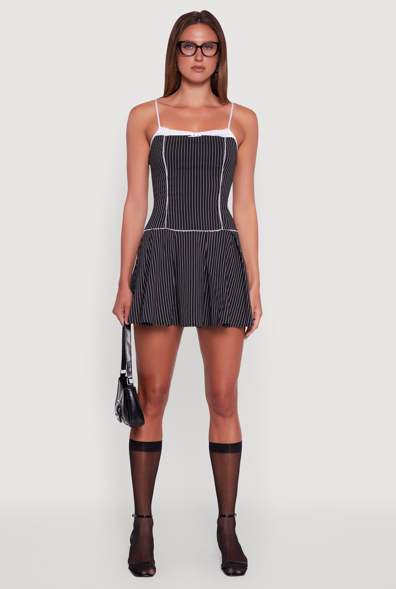 Sleeveless Contrast Trim Pinstripe Pleated Dress