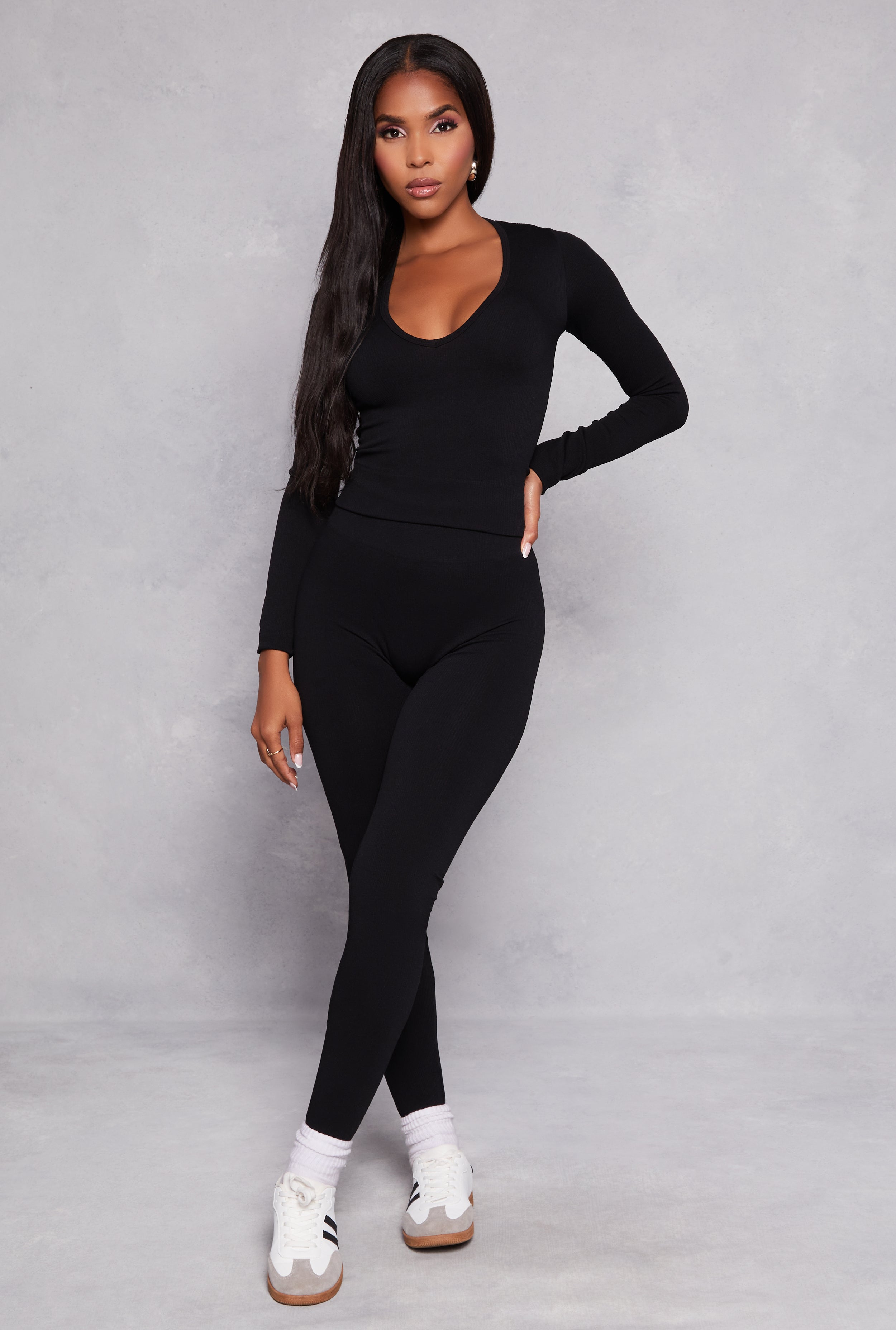 Seamless Ribbed Knit Long Sleeve Top and Leggings Set black