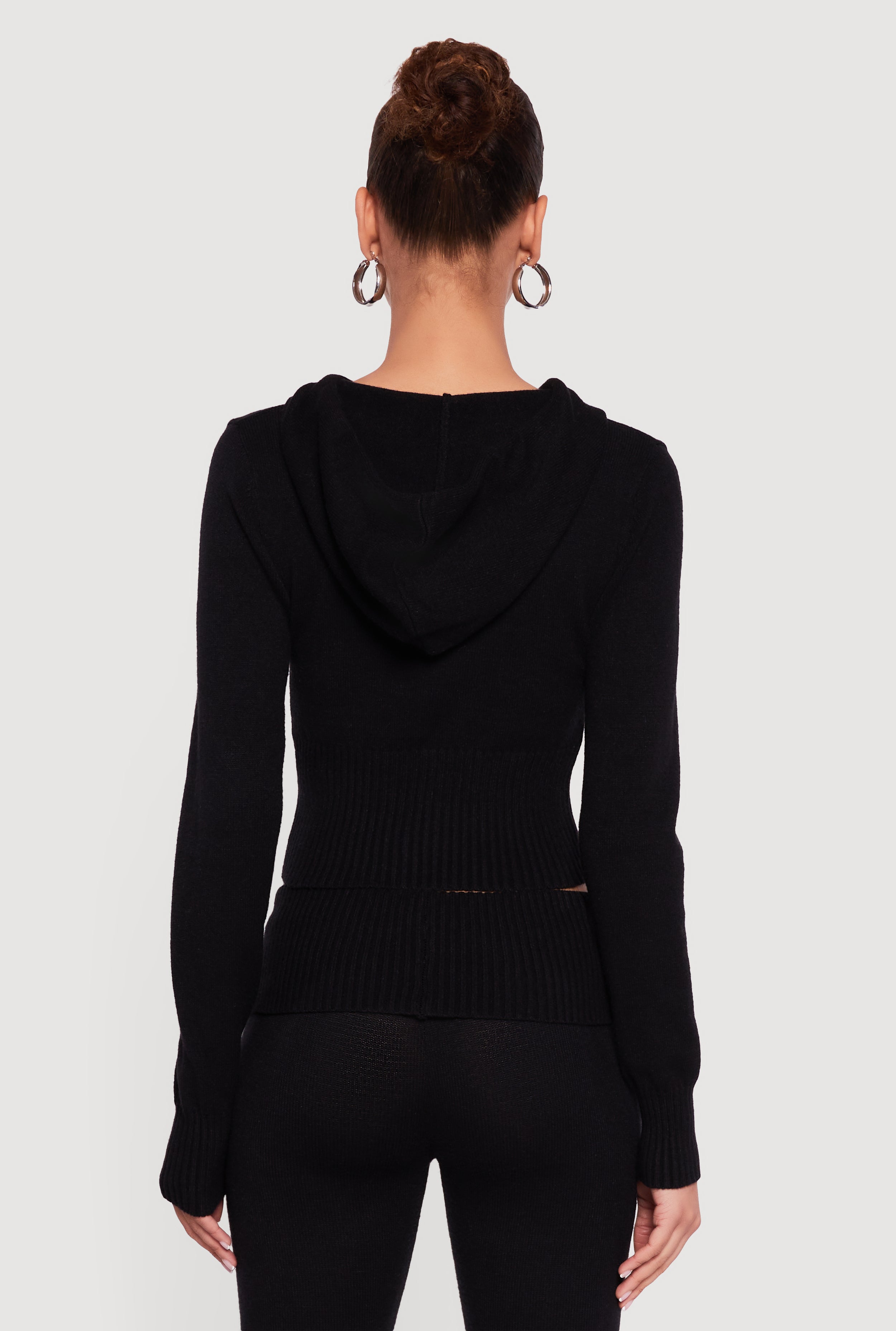 Cropped Ribbed Knit Zip Front Hooded Cardigan