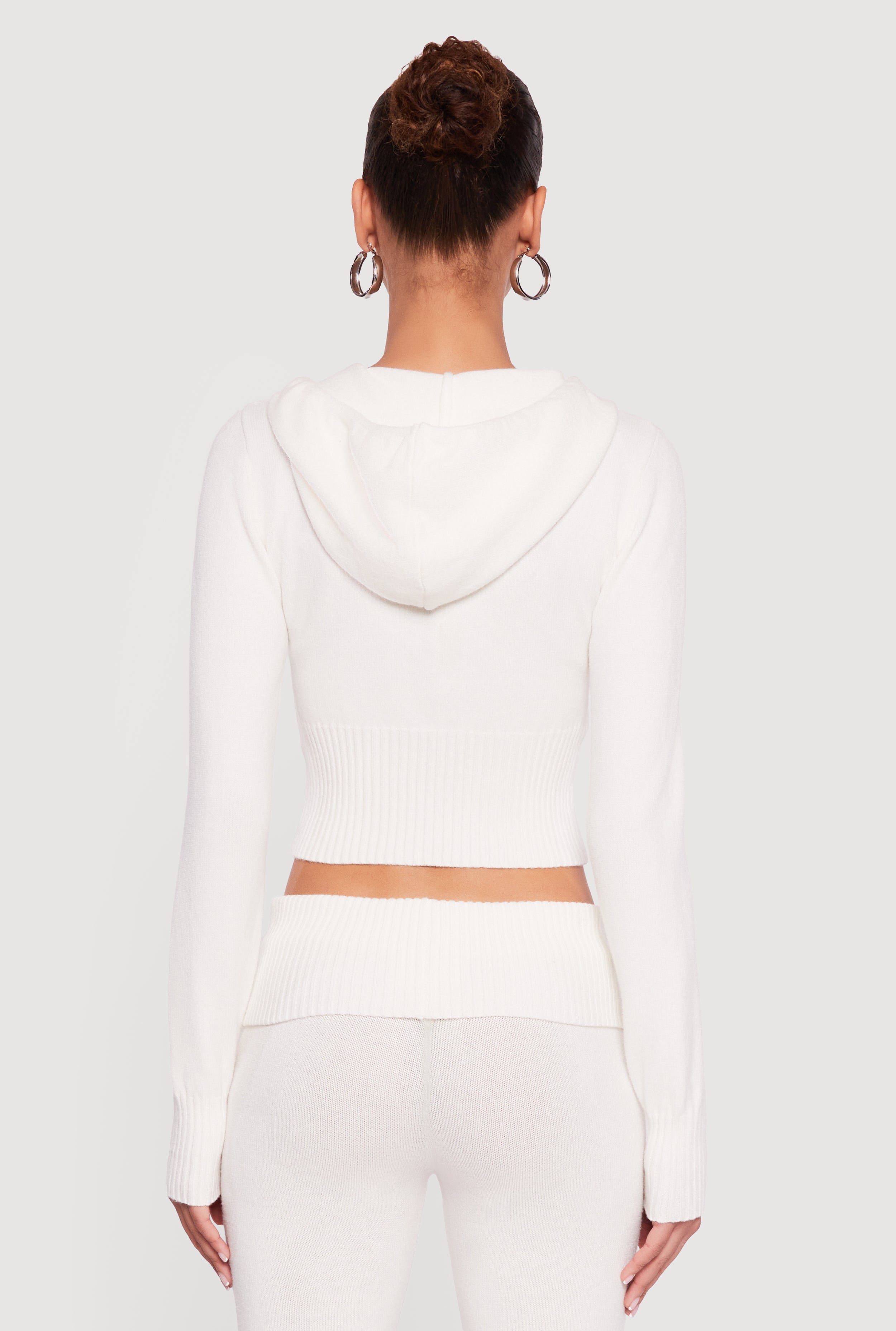 Cropped Ribbed Knit Zip Front Hooded Cardigan