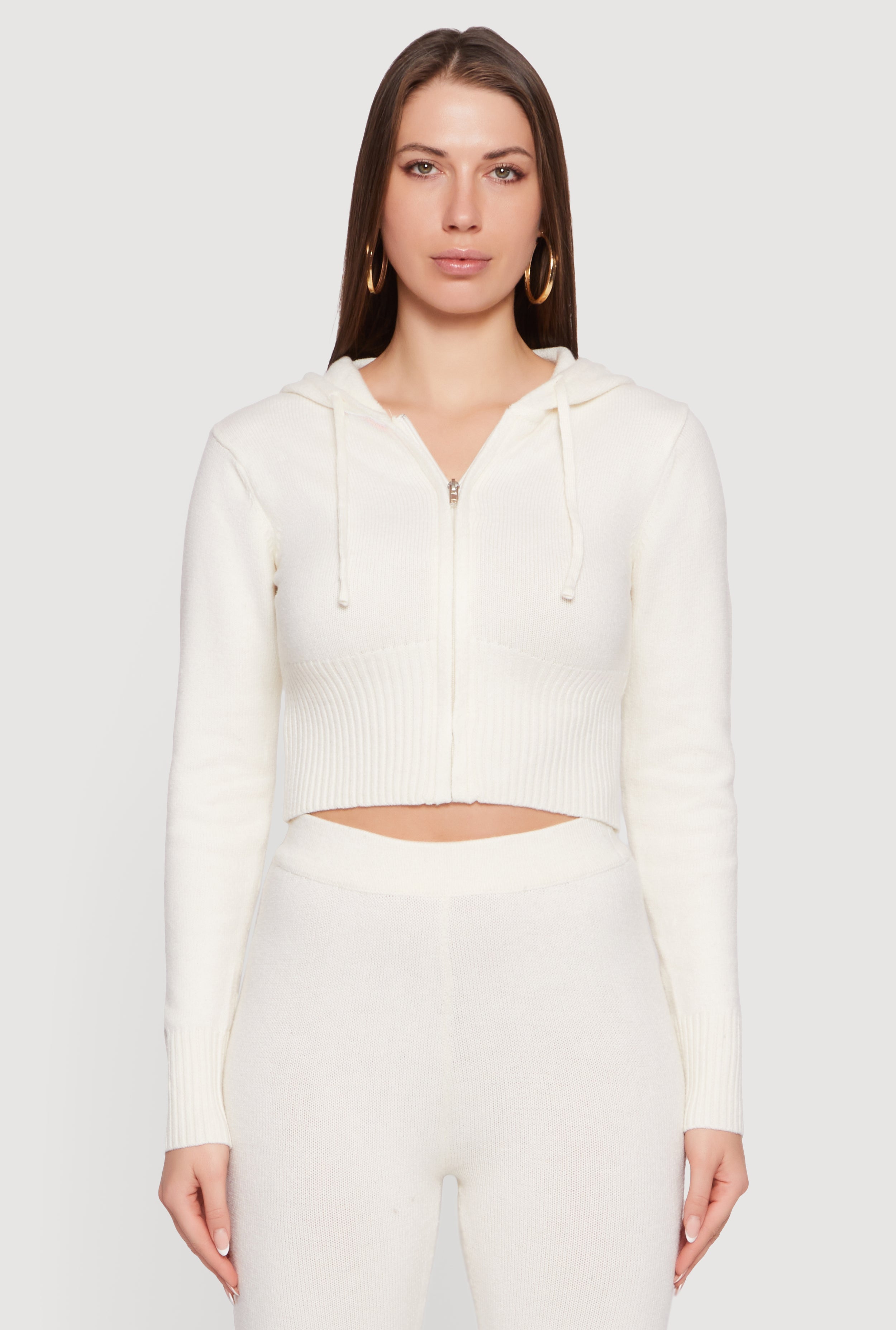 Cropped Hooded Zip Front Sweater