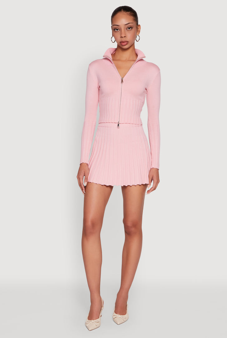 Ribbed Knit Mid Rise Pleated Mini Skirt