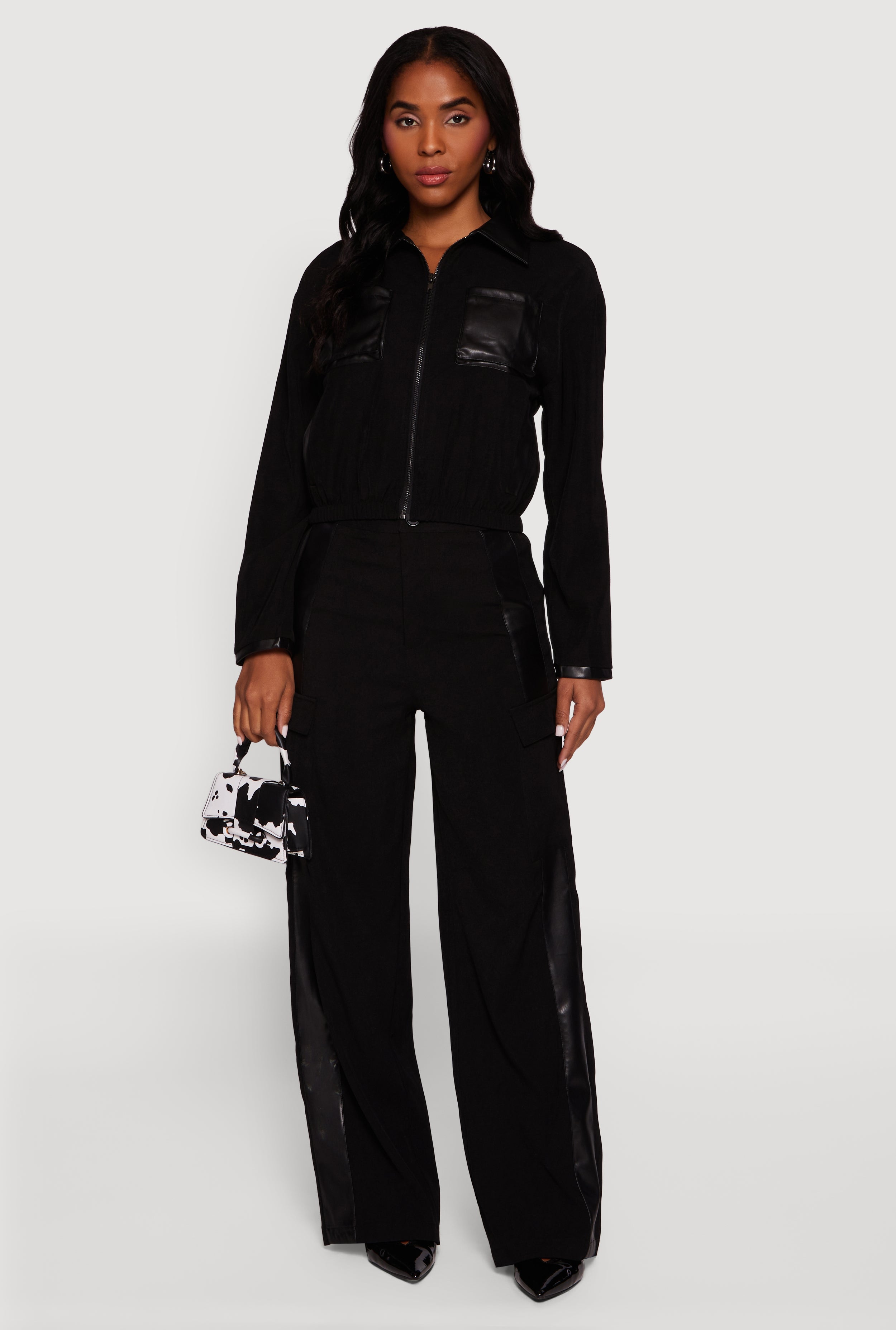 Faux Leather Detail Zip Front Twill Jacket