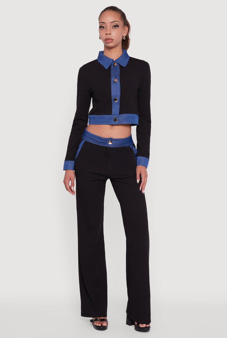Mid Rise Straight Leg Denim Trim Pants with Pockets
