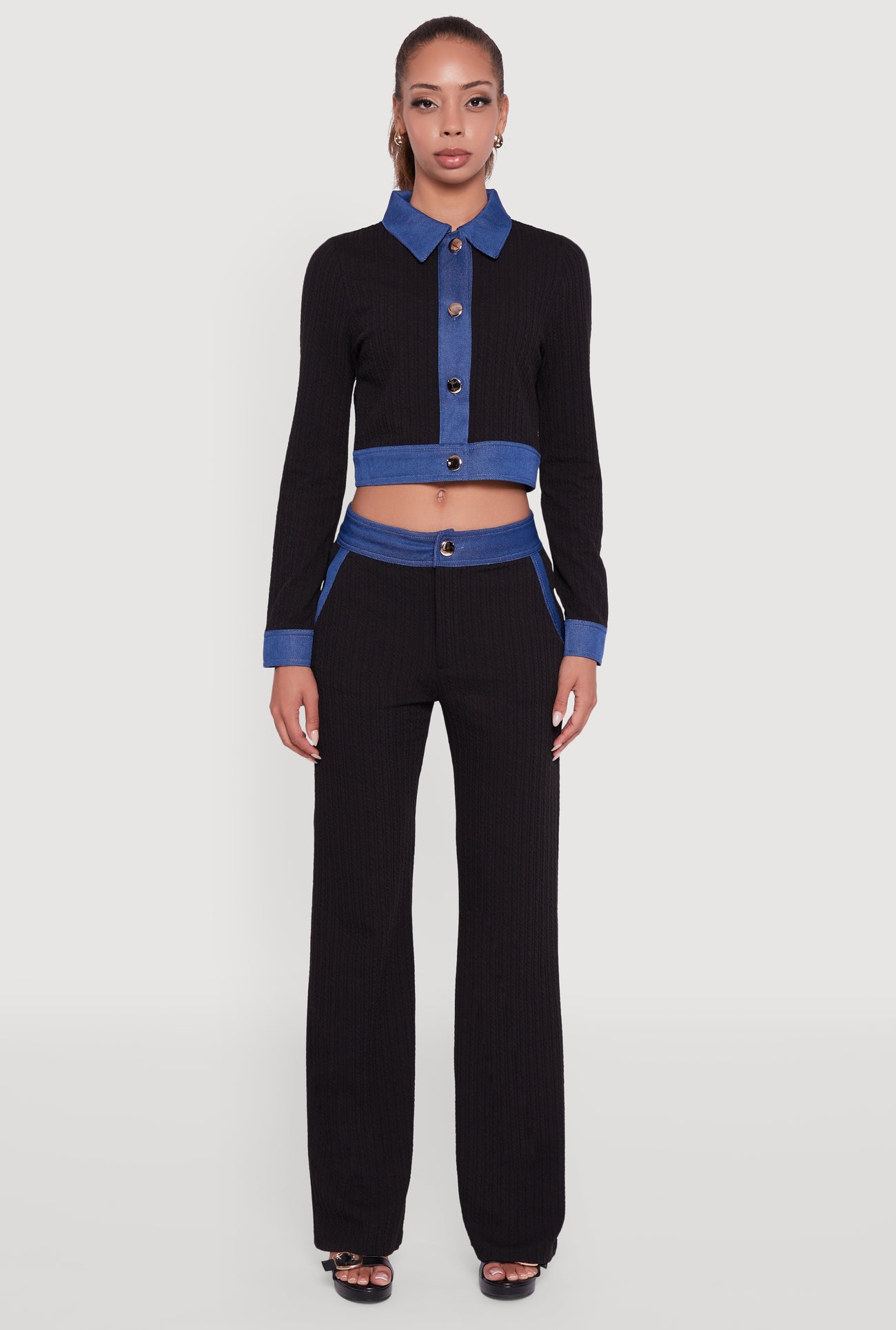 Mid Rise Straight Leg Denim Trim Pants with Pockets