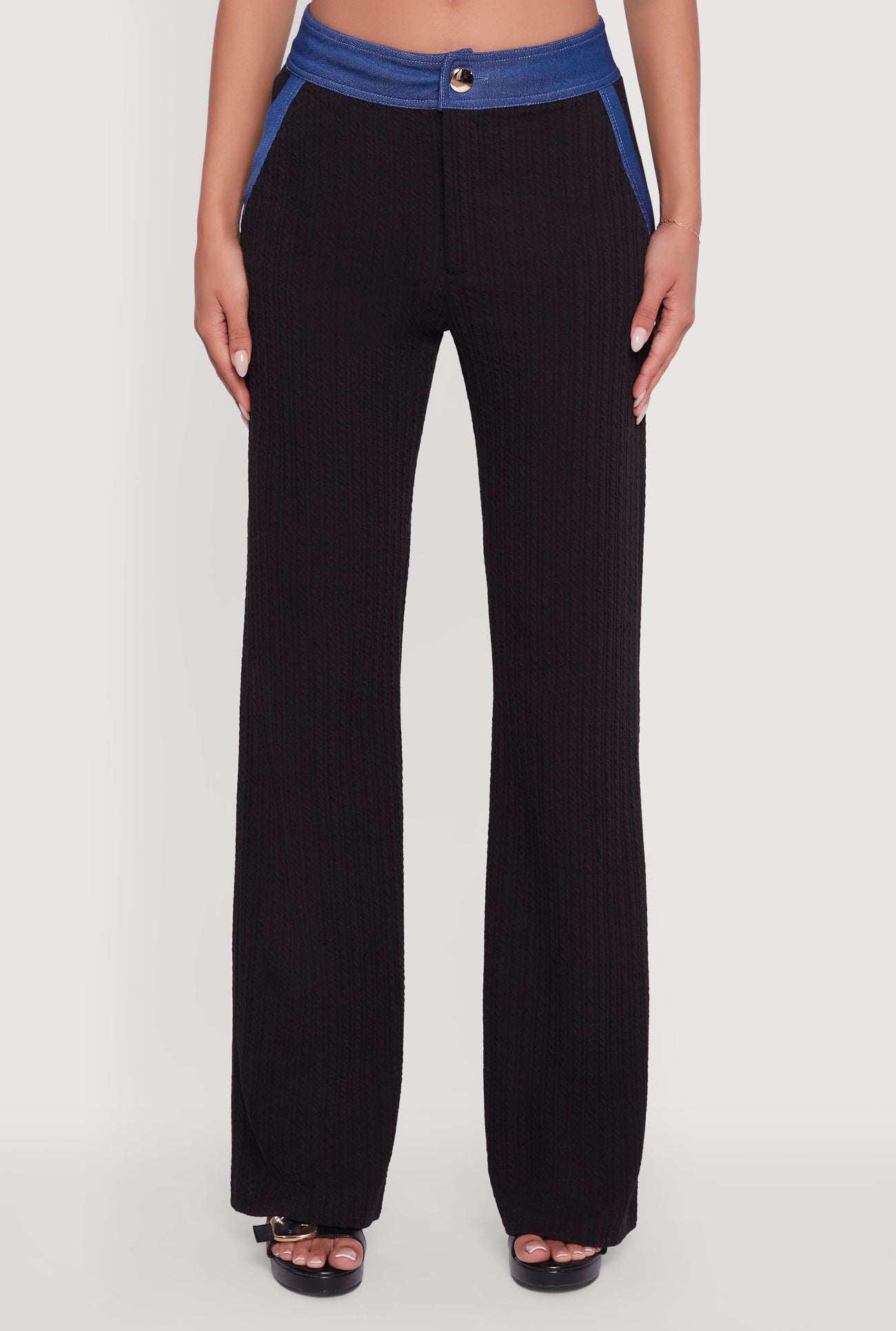 Mid Rise Straight Leg Denim Trim Pants with Pockets