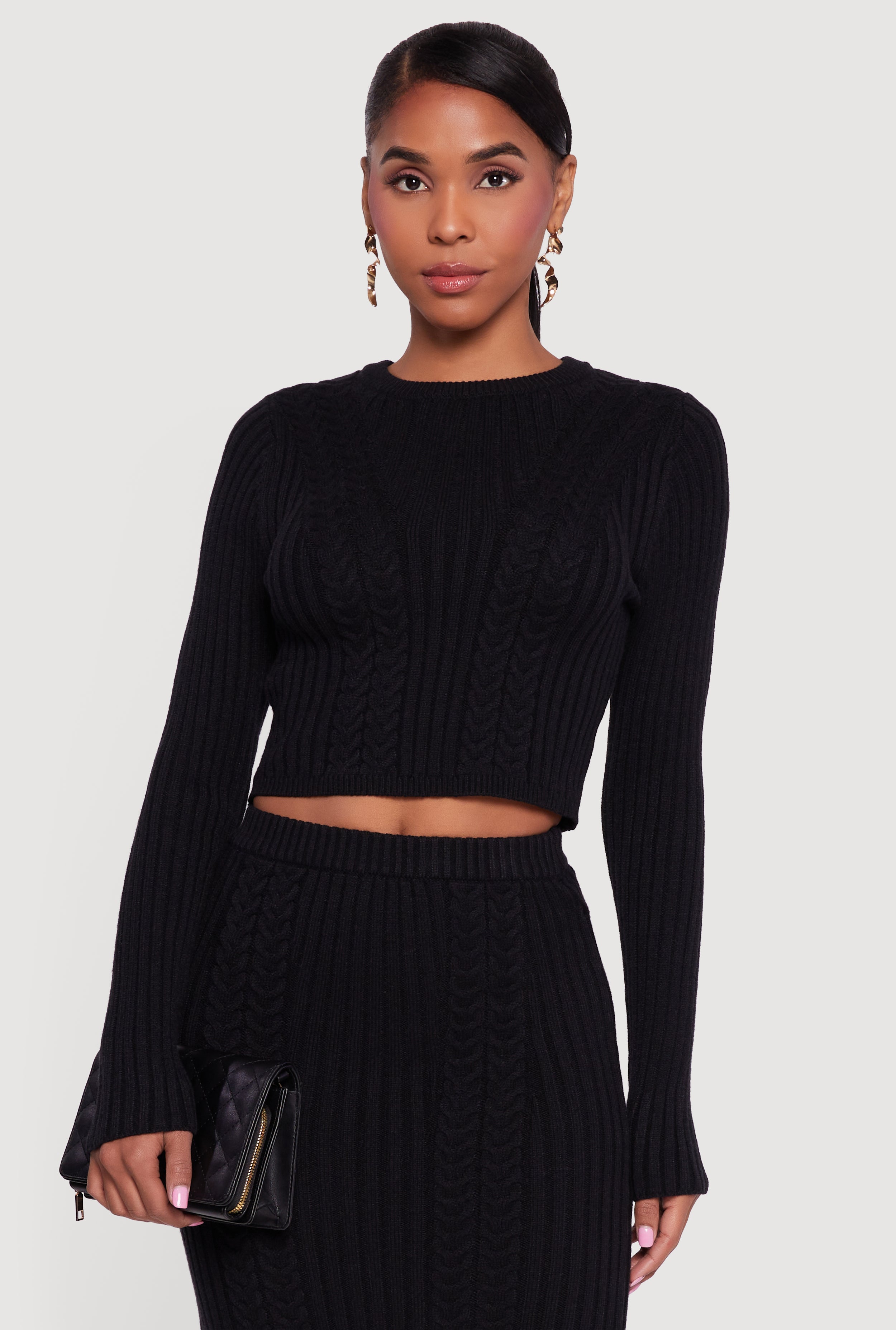 ニット/セーター Cropped Cable Knit / Rib Pencil Skirt Ribbed Knit Trim Cropped Cable Knit Sweater