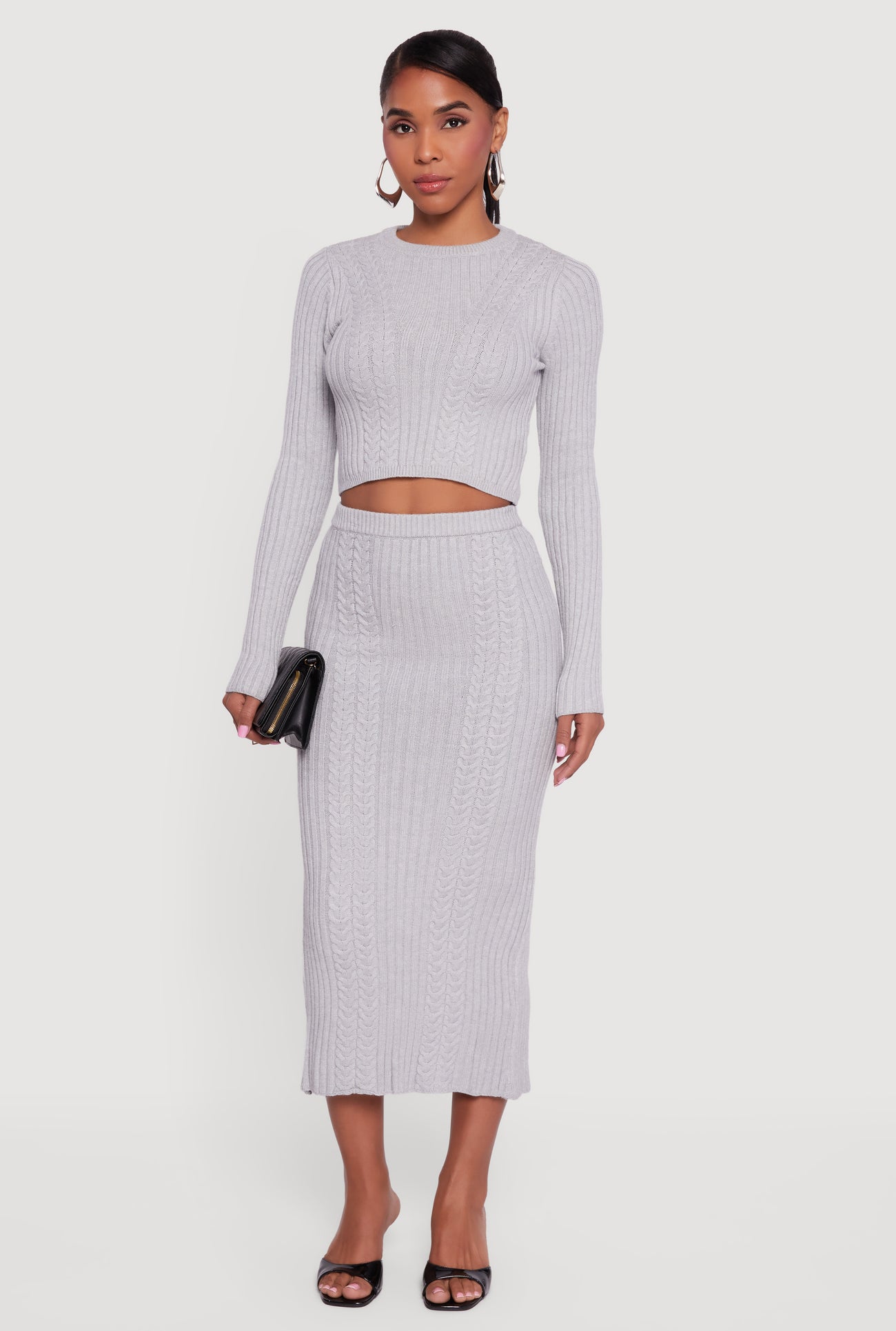Cable Knit Slit Back High Waisted Pencil Skirt