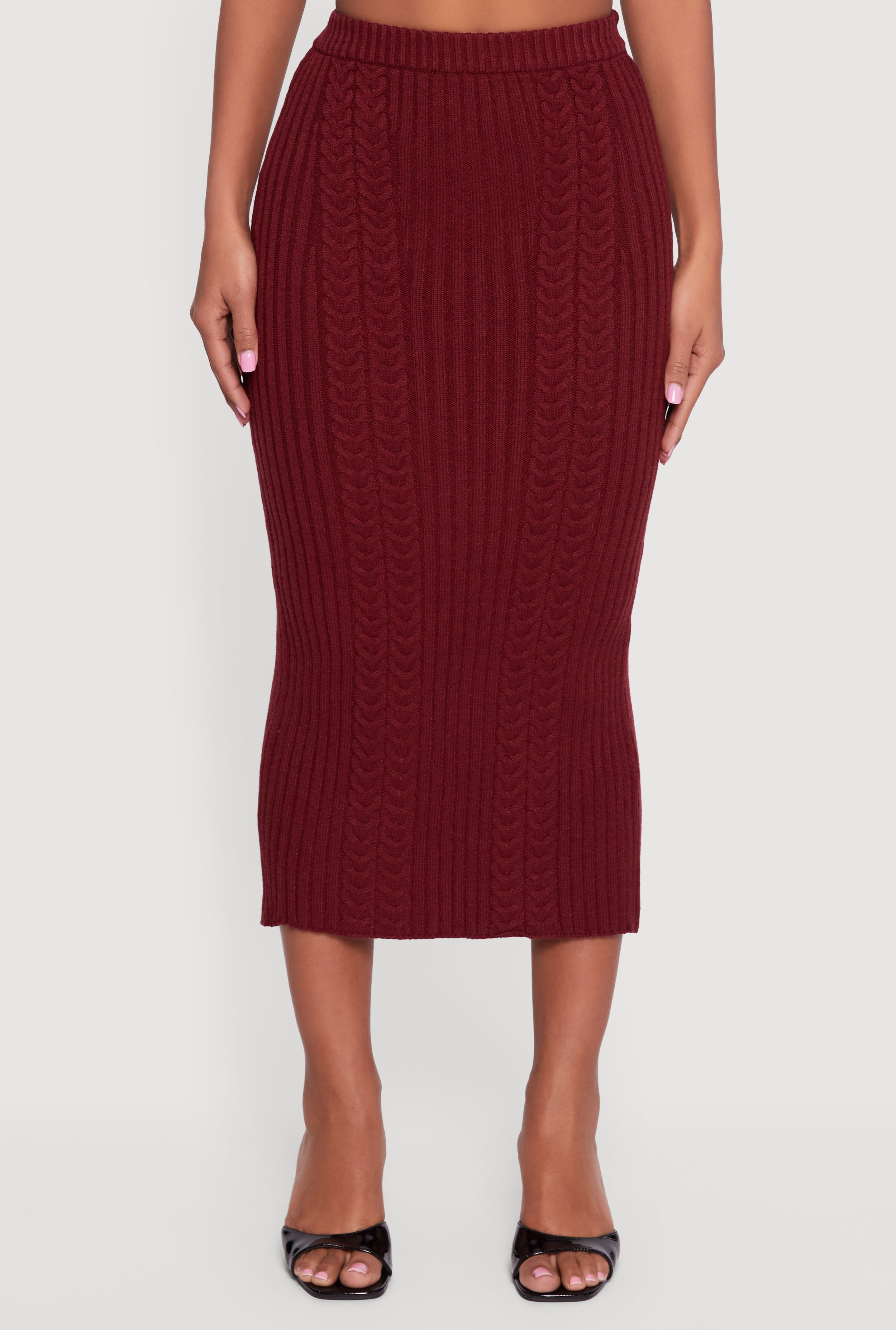 Cable Knit Slit Back High Waisted Pencil Skirt