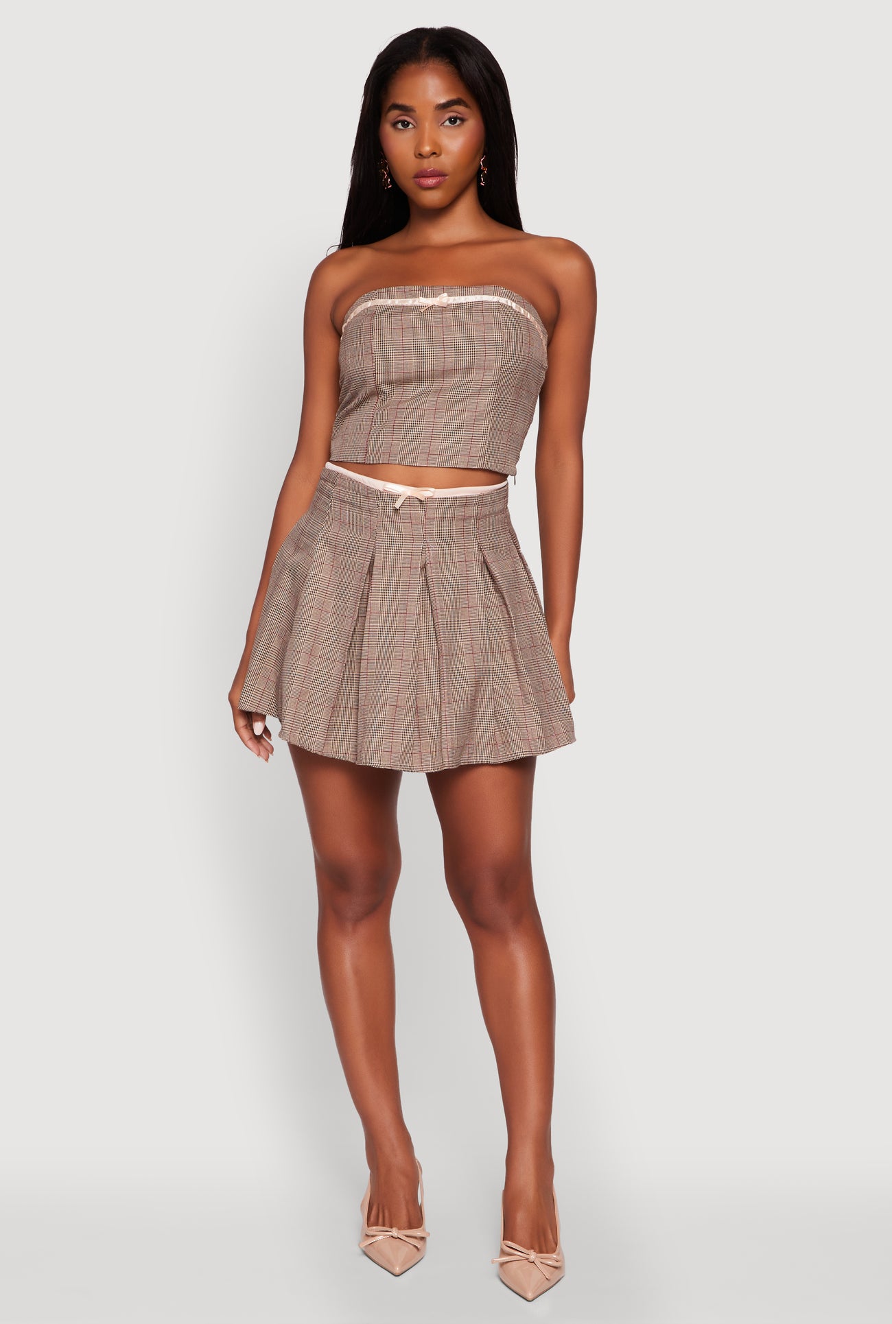 Plaid Tube Top with Bow Contrast Trim