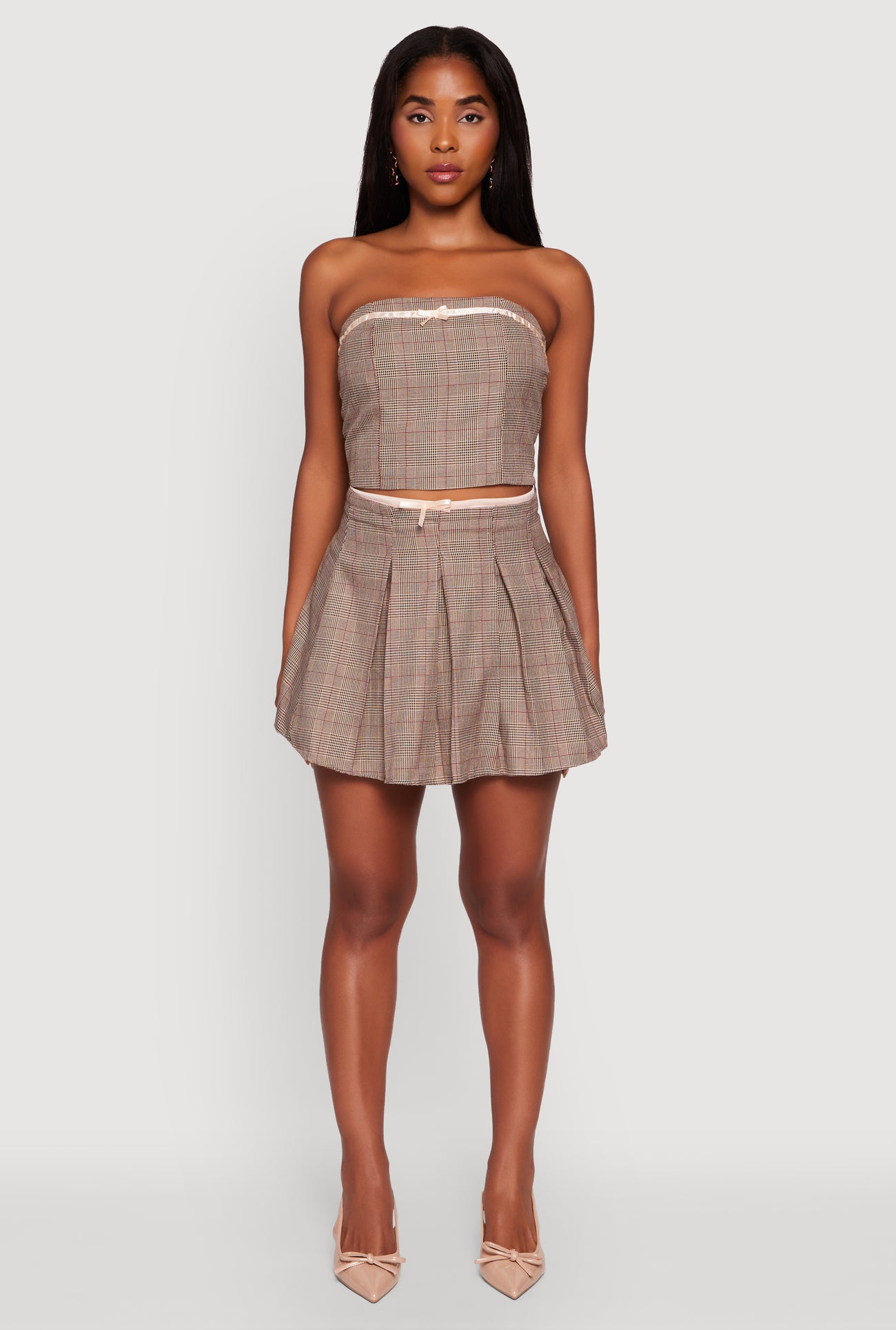 Plaid Tube Top with Bow Contrast Trim