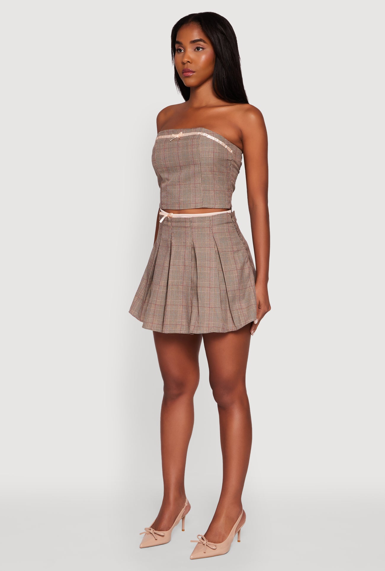 Plaid Tube Top with Bow Contrast Trim