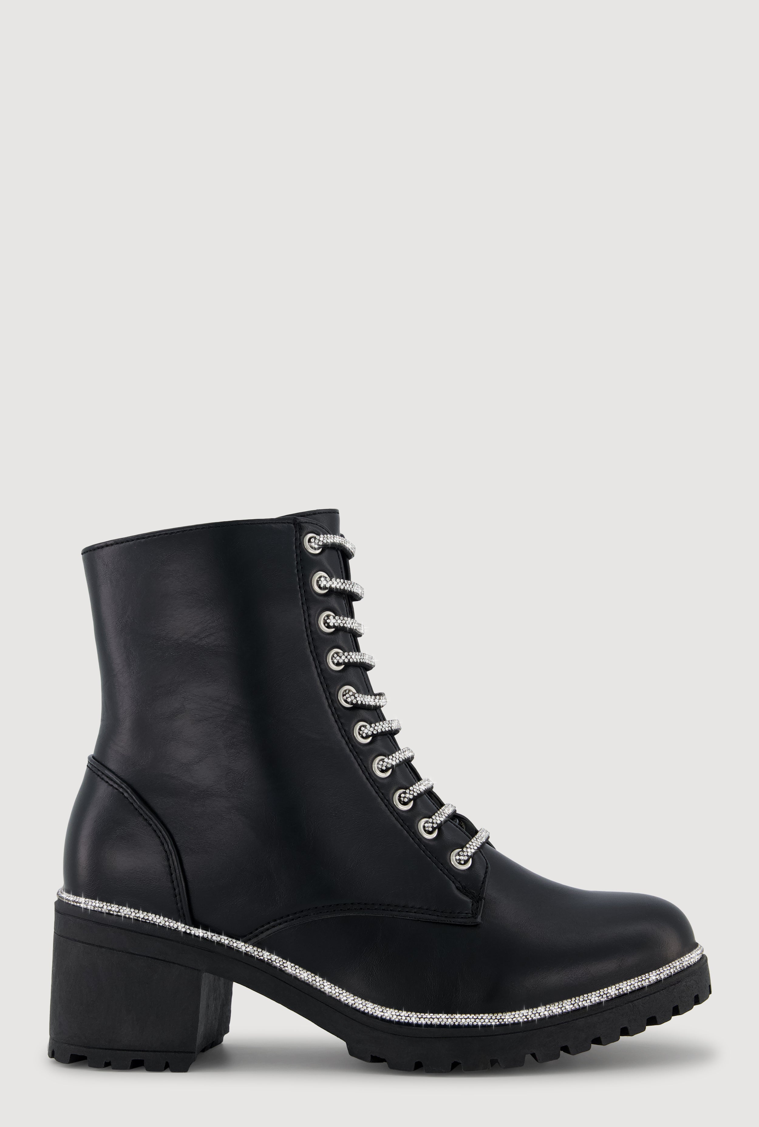 bunbun⭐︎ Rhinestone Trim Lace Up Chunky Heel Combat Boots