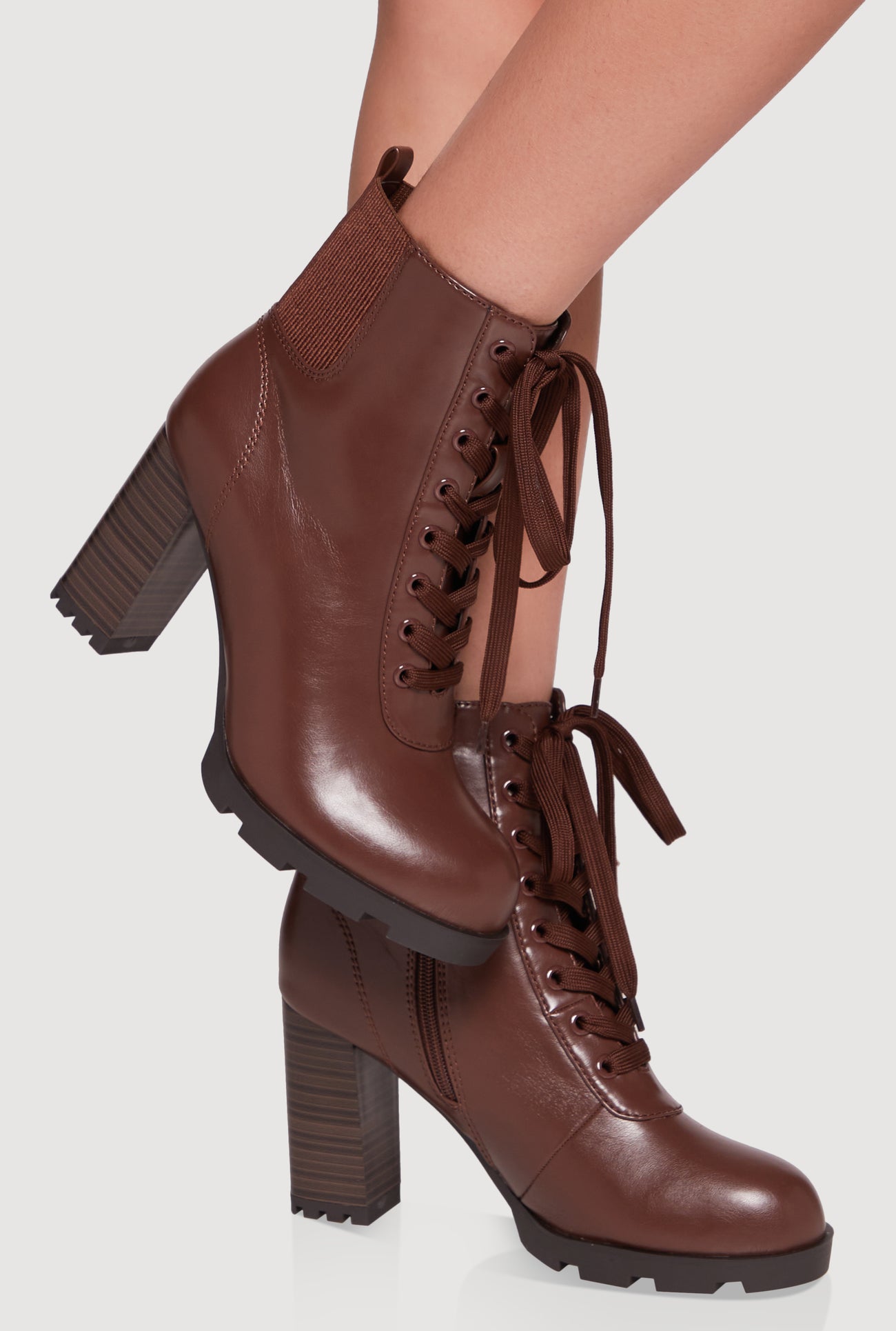 Womens Side Zip Lace Up Block Heel Combat Boots, Brown, Size 8.5 - Rainbow Shops Womens Side Zip Lace Up Block Heel Combat Boots, Brown, Size 8.5 - Rainbow Shops