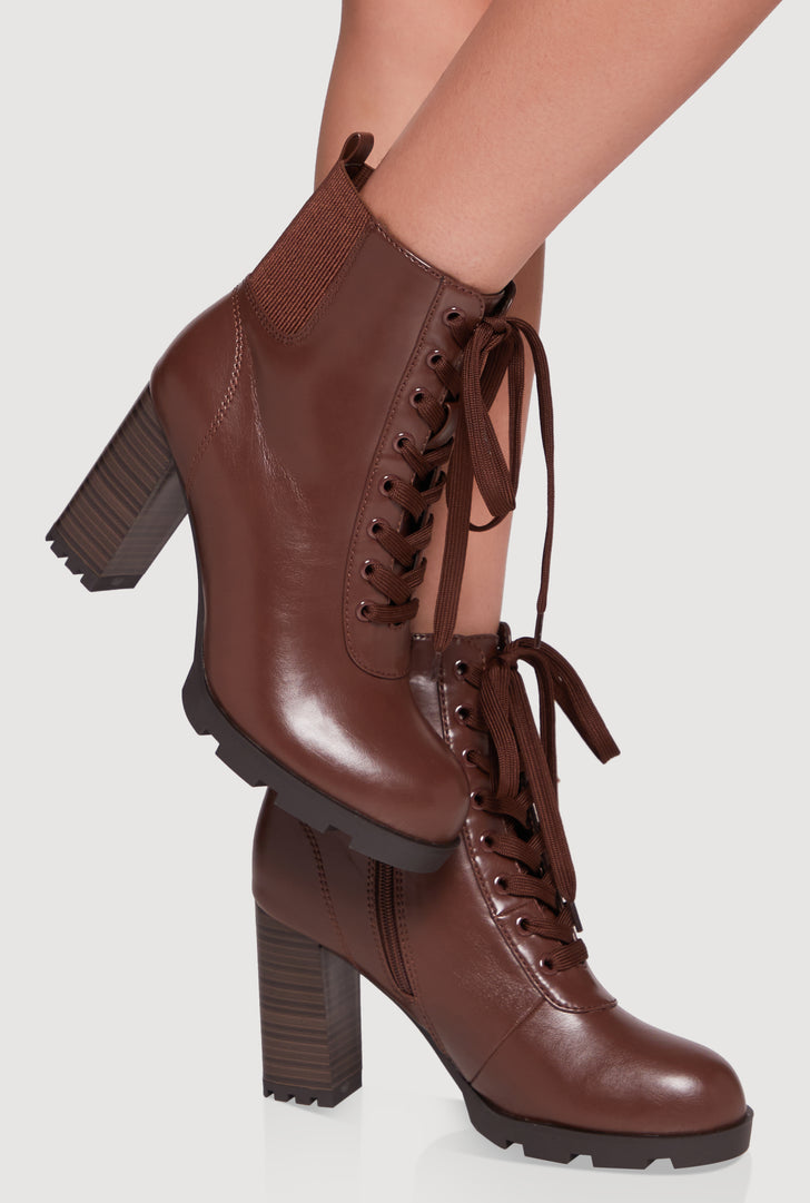 lace-up dress boots women's Womens Side Zip Lace Up Block Heel Combat Boots, Brown, Size 8.5