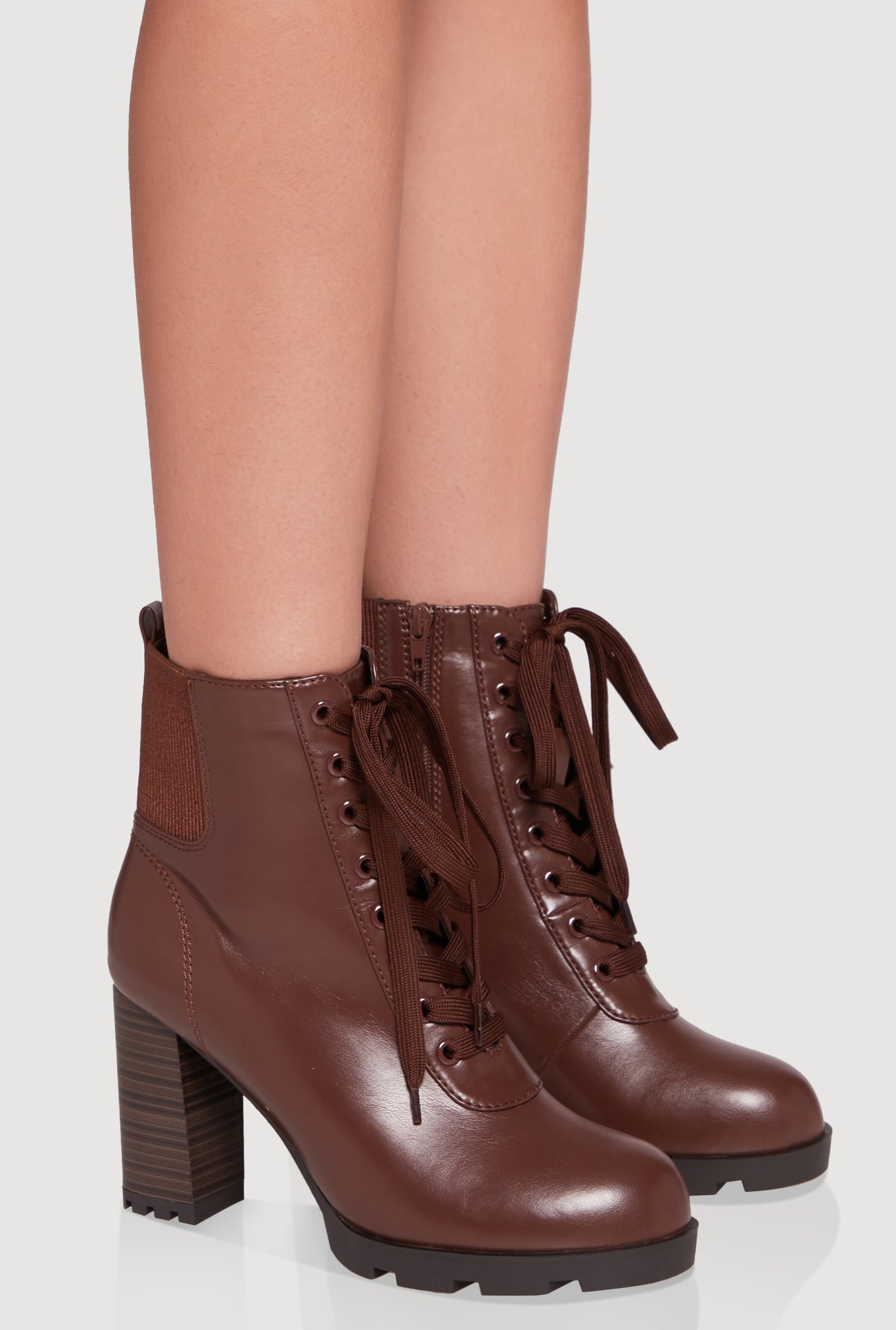 Womens Side Zip Lace Up Block Heel Combat Boots, Brown, Size 8.5 - Rainbow Shops Womens Side Zip Lace Up Block Heel Combat Boots, Brown, Size 8.5 - Rainbow Shops