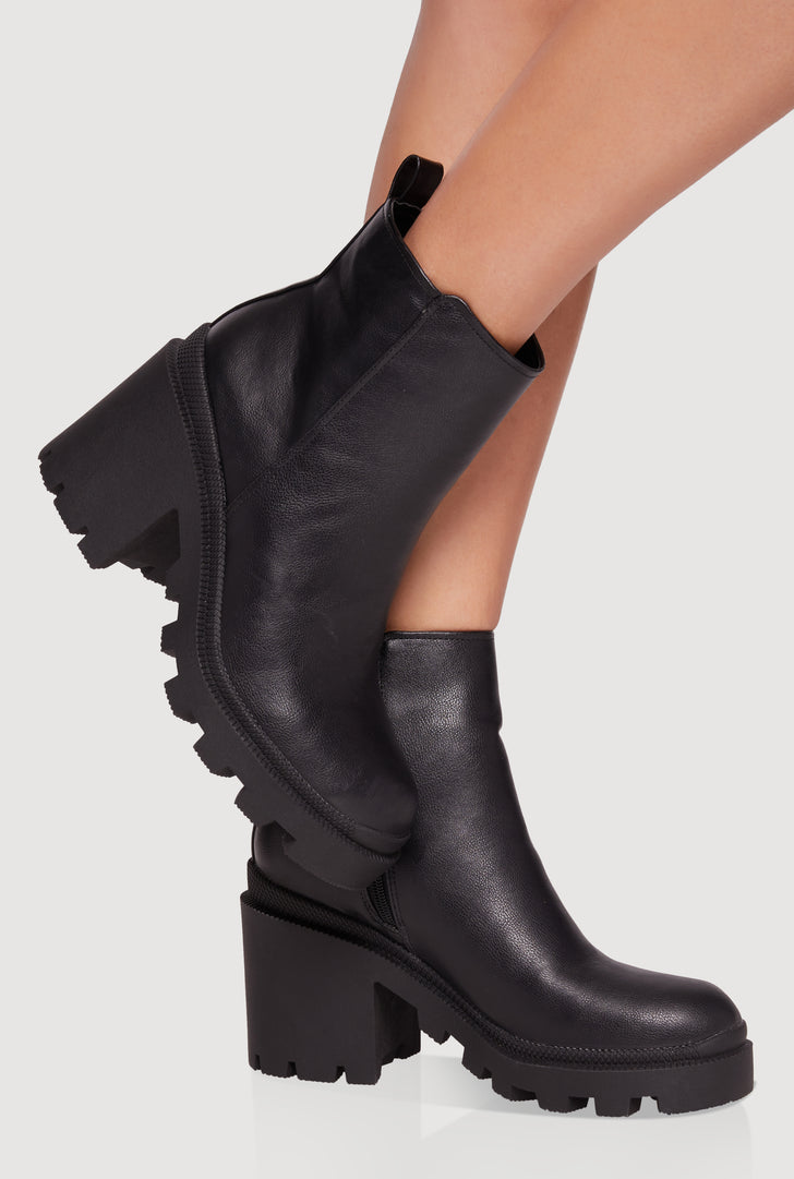 Side Zip Round Toe Chunky Heel Booties