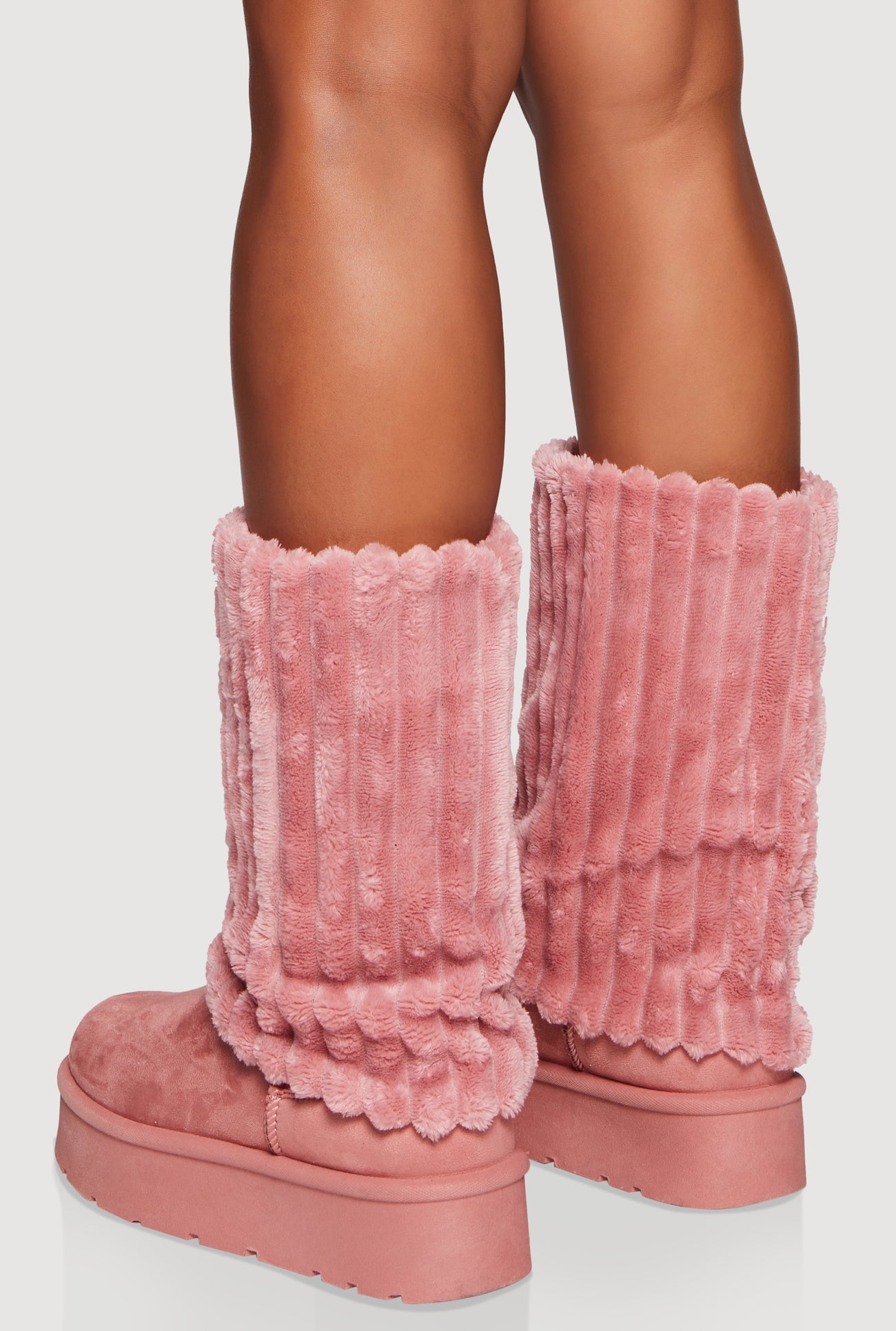 Ribbed Faux Fur Cuff Round Toe Platform Boots