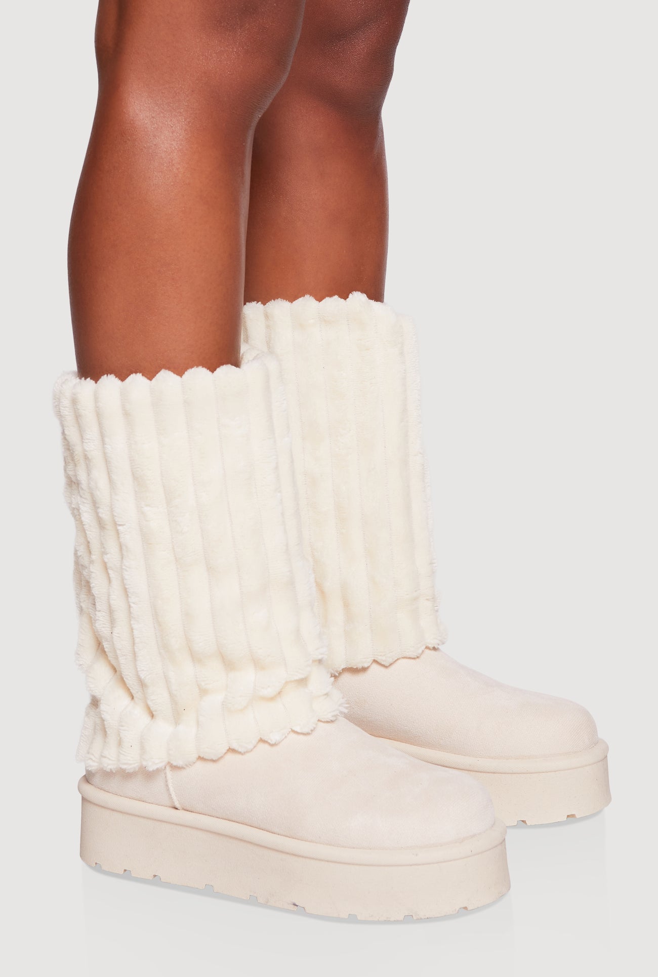 Ribbed Faux Fur Cuff Round Toe Platform Boots
