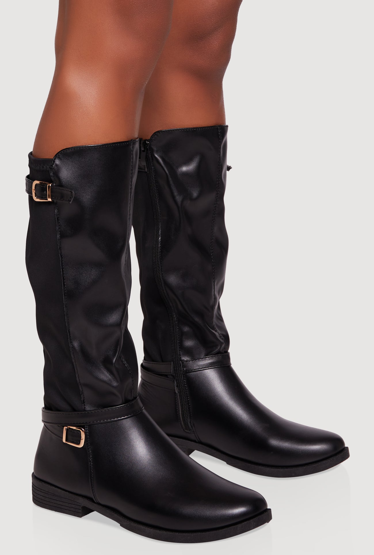 Buckle Strap Detail Elastic Back Almond Toe Boots