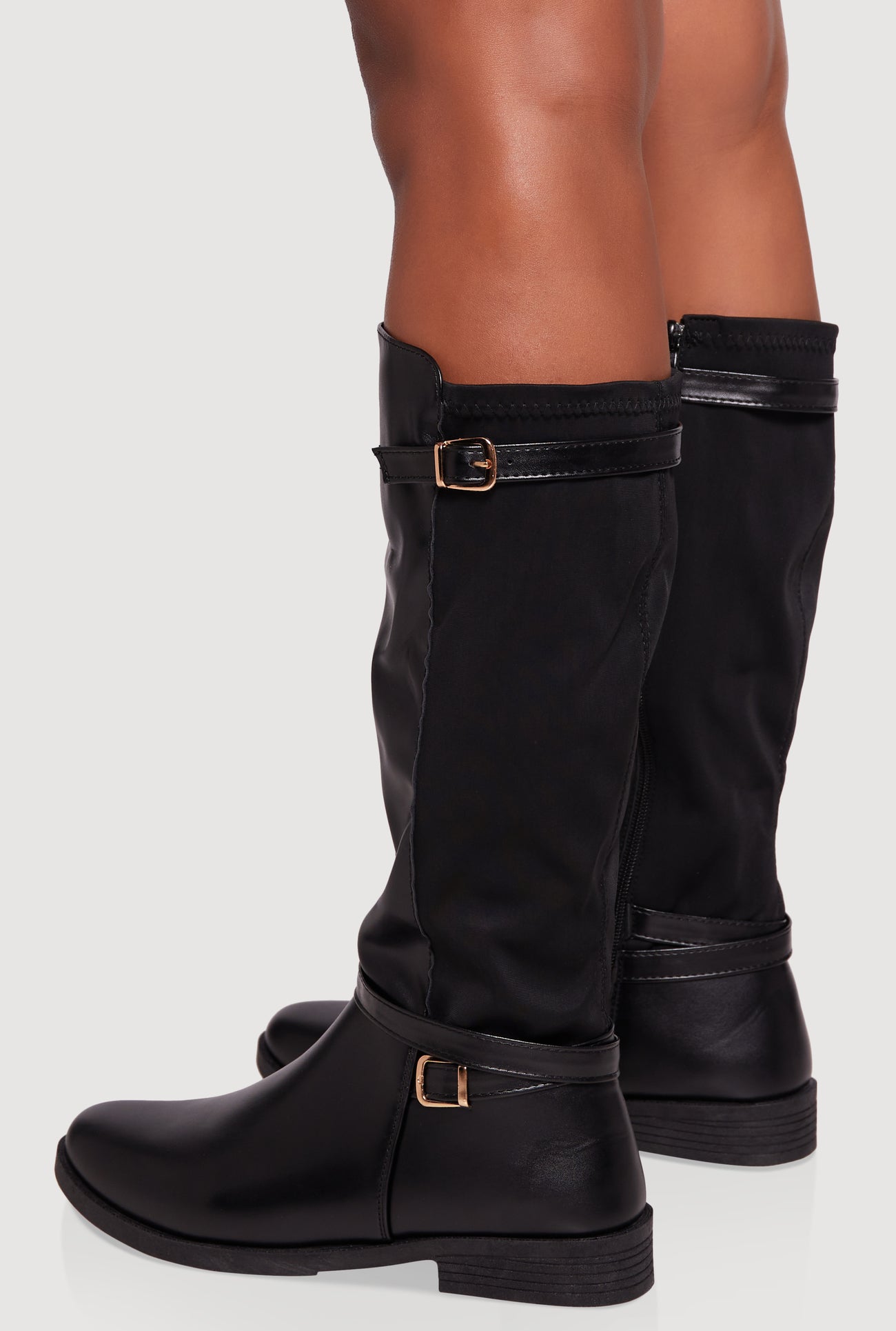 Buckle Strap Detail Elastic Back Almond Toe Boots