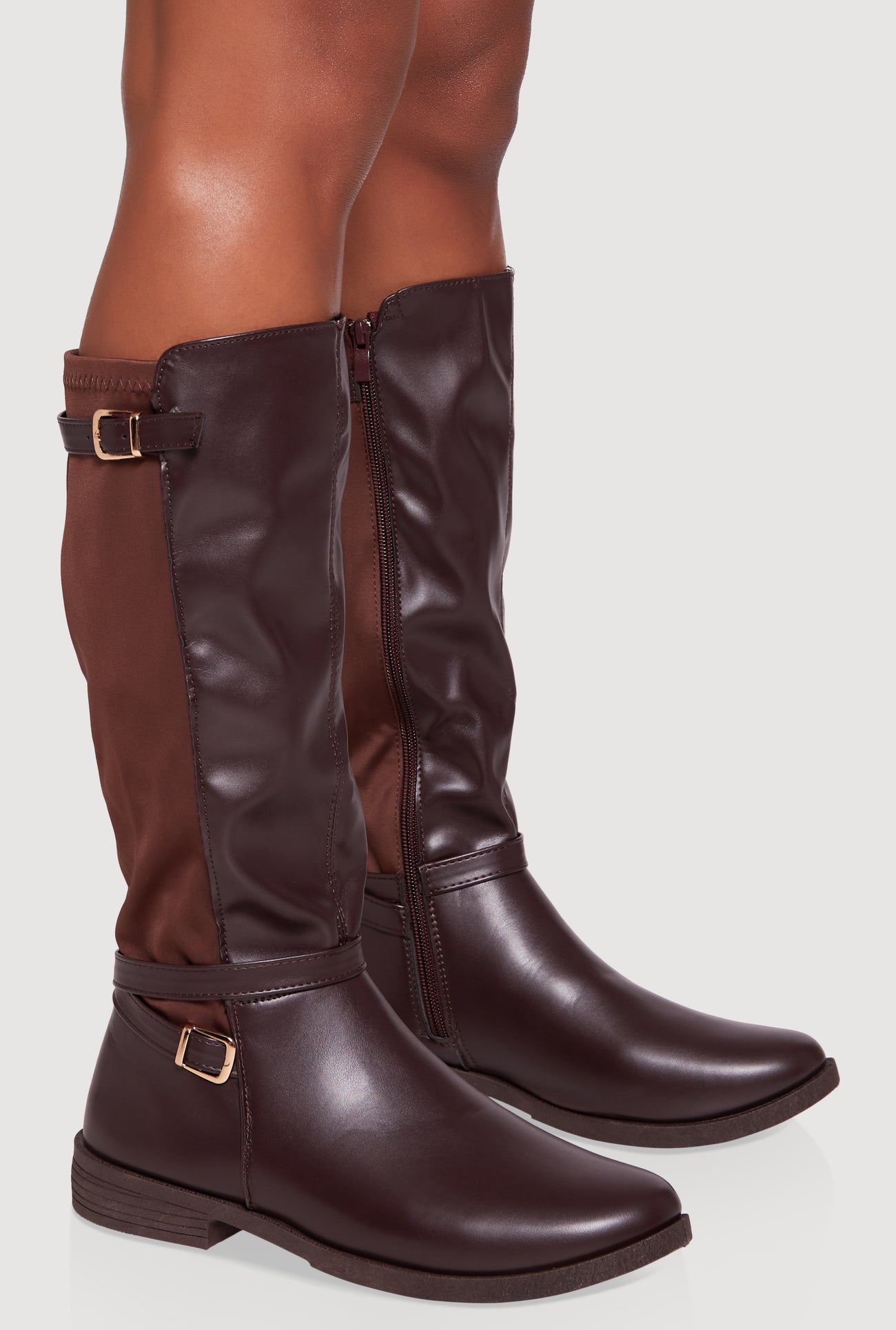 Buckle Strap Detail Elastic Back Almond Toe Boots