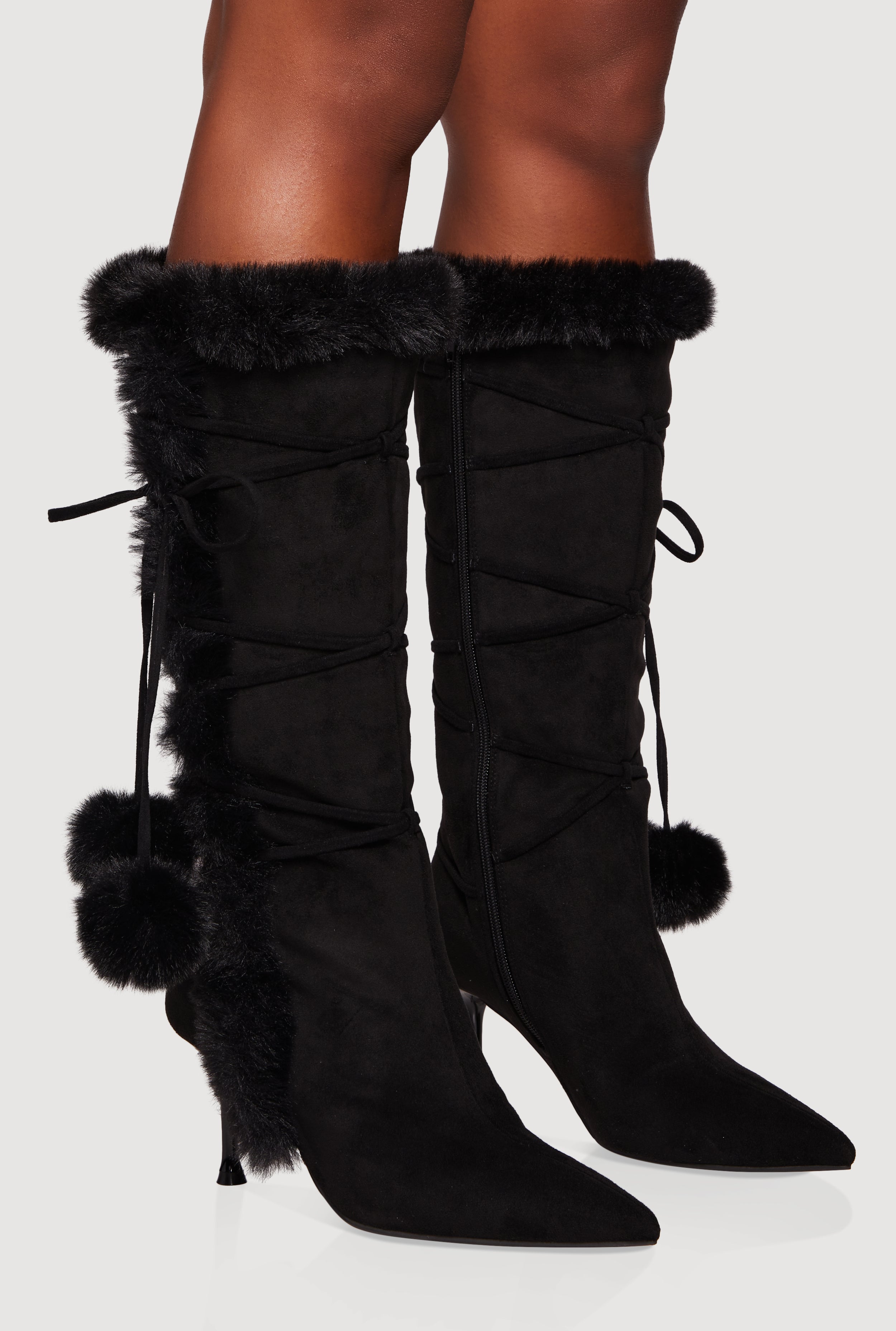 Side Zip Faux Fur Pom Pom Stiletto Boots