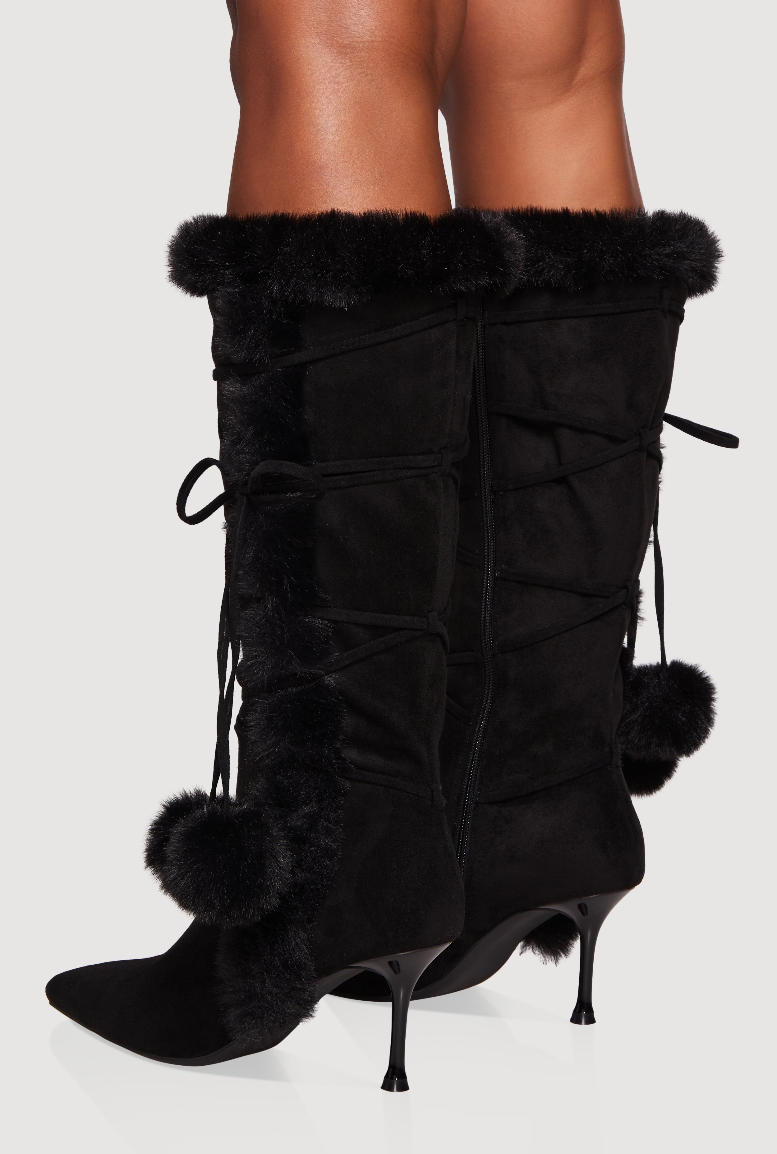 Side Zip Faux Fur Pom Pom Stiletto Boots