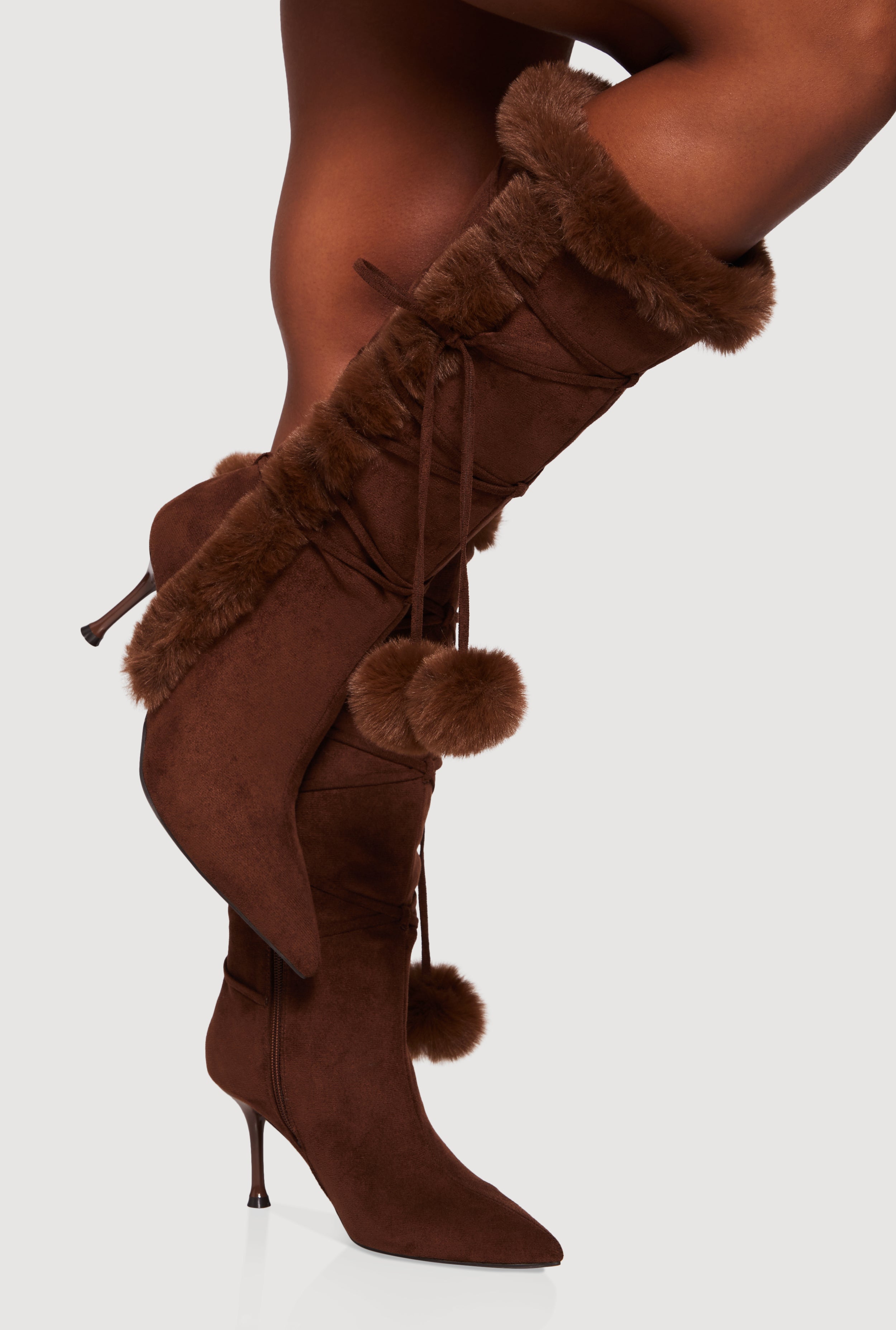 pomponページ Side Zip Faux Fur Pom Pom Stiletto Boots